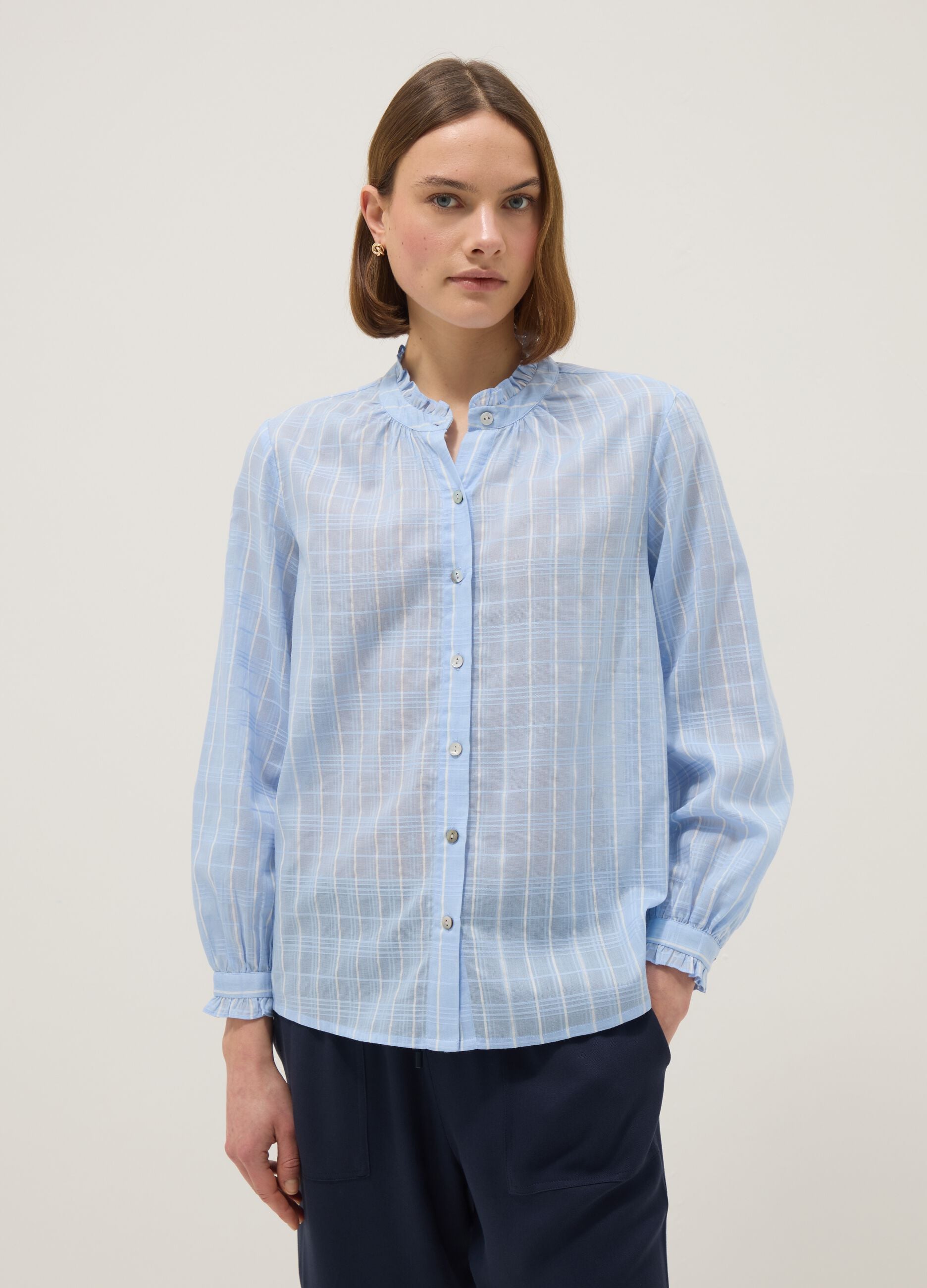 Blue pure cotton shirt with plaid regular fit