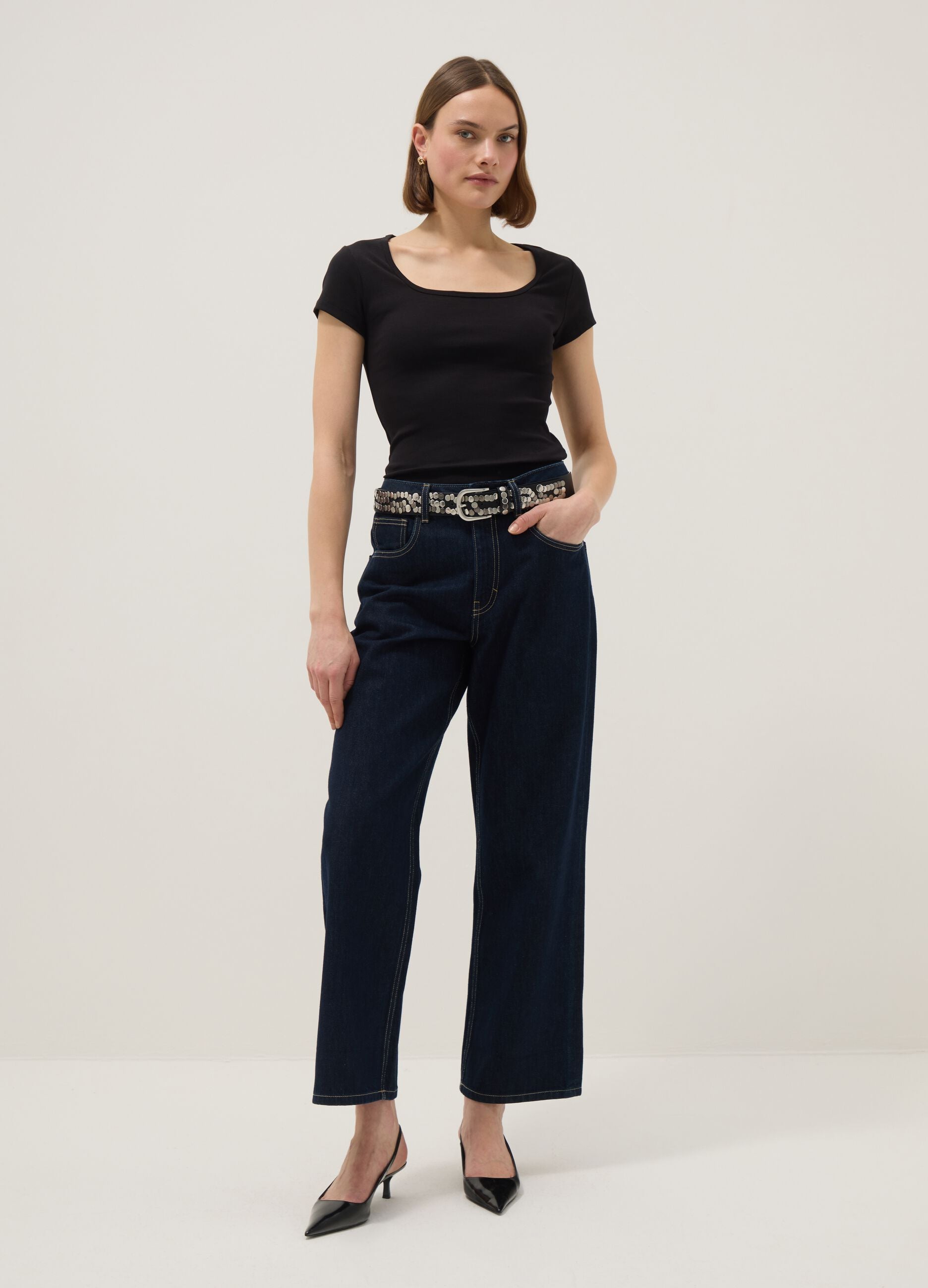 Black fitted stretch cotton T-shirt with square neckline