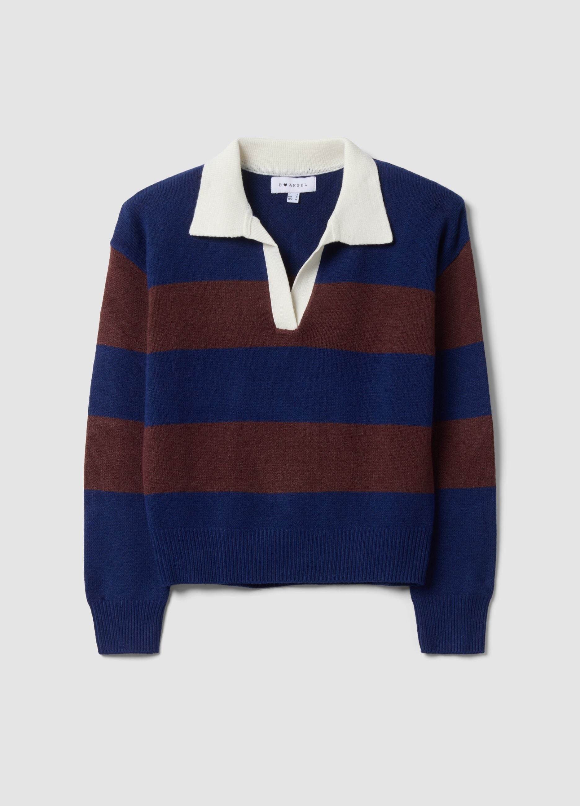 Blue striped viscose-blend polo-collar top, regular fit