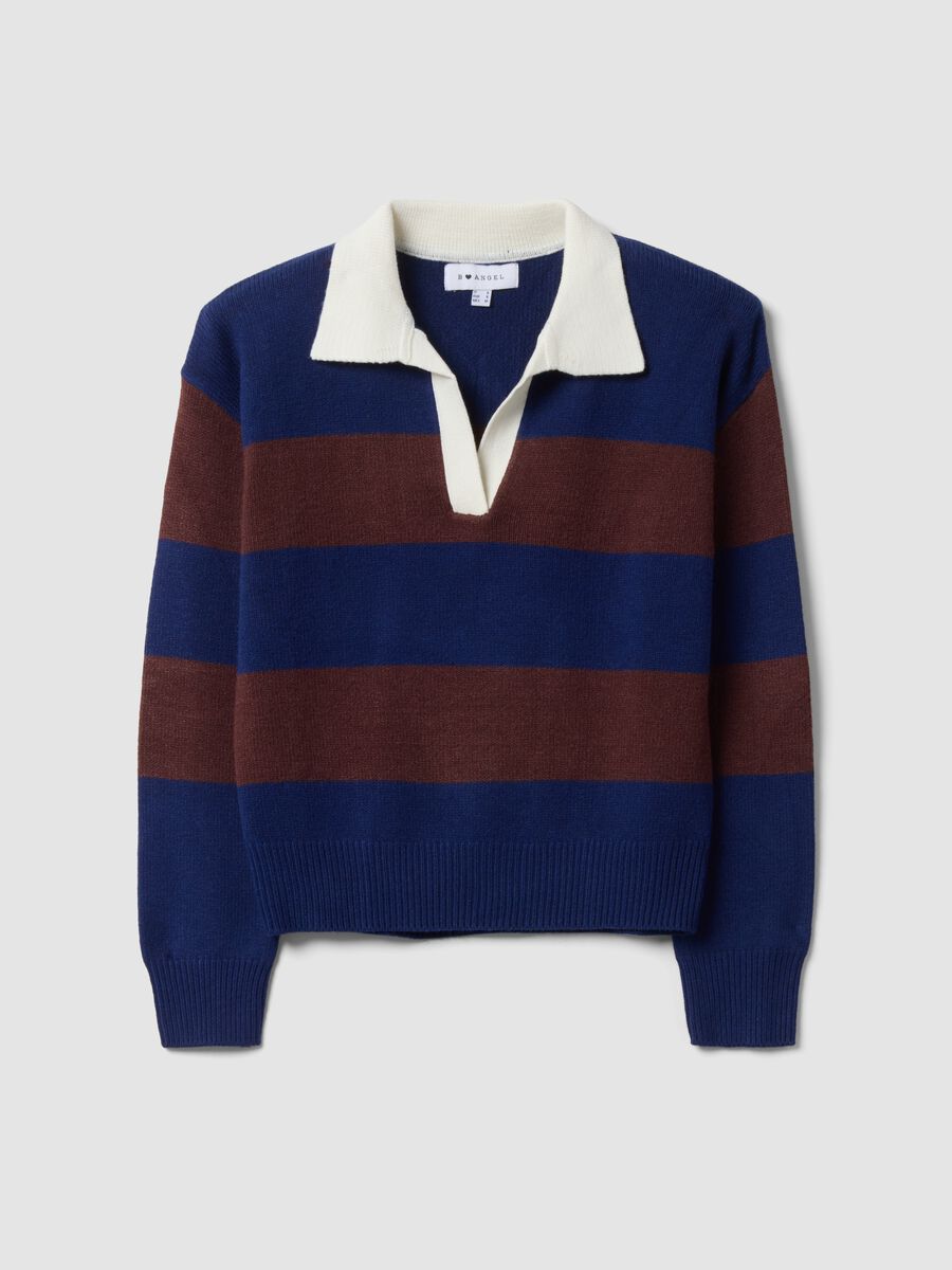 Blue striped viscose-blend polo-collar top, regular fit_0