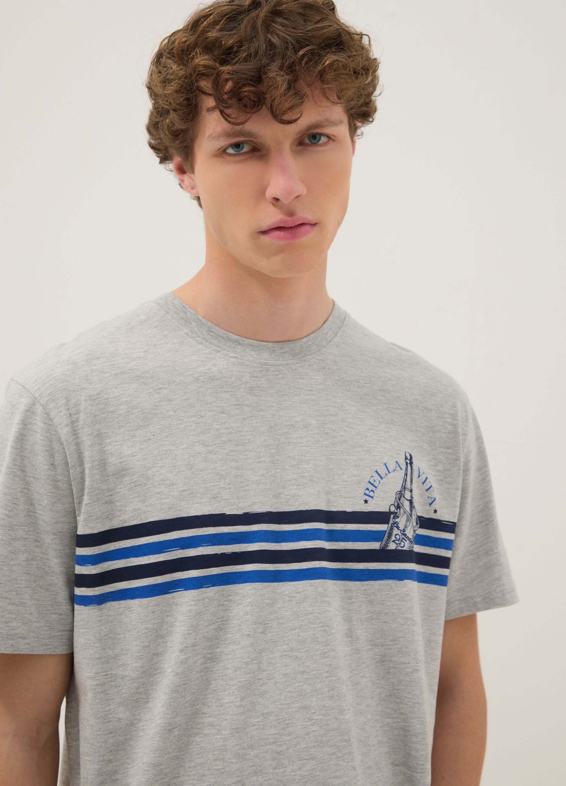 Grey pure cotton T-shirt with blue stripes