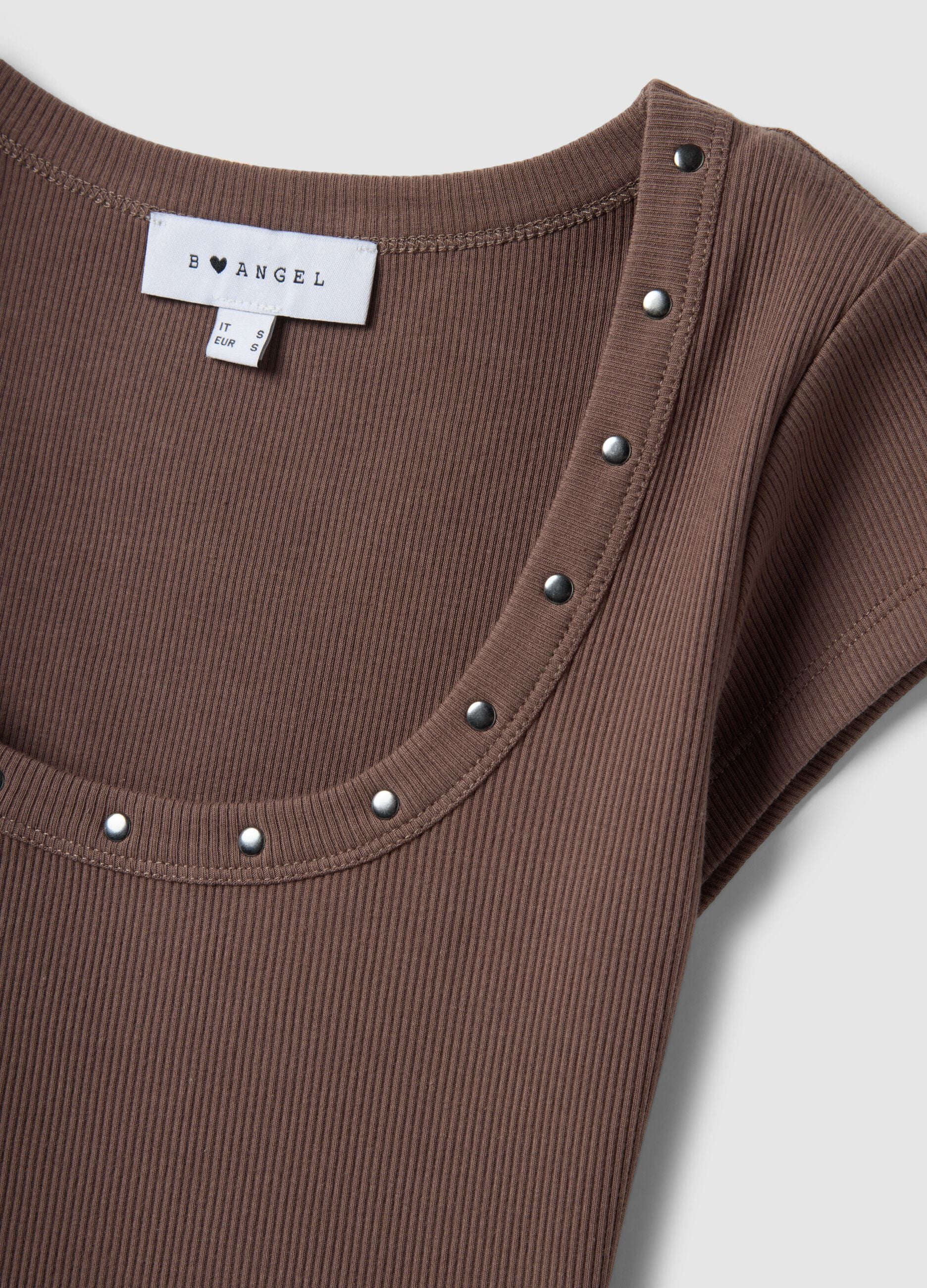 Brown slim fit stretch cotton t-shirt with studded neckline