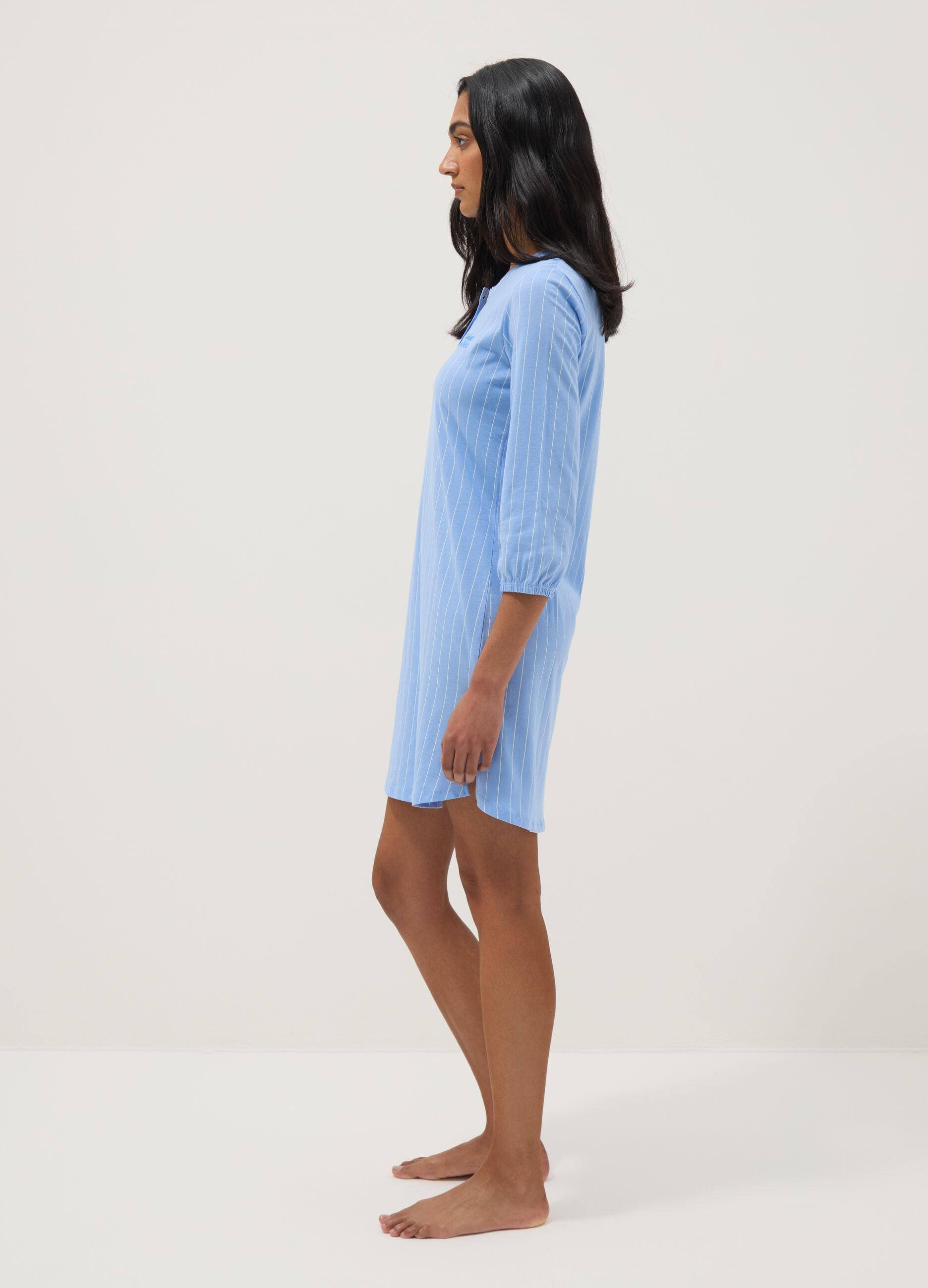 Sky blue pure cotton striped nightshirt with regular fit and serafino collar