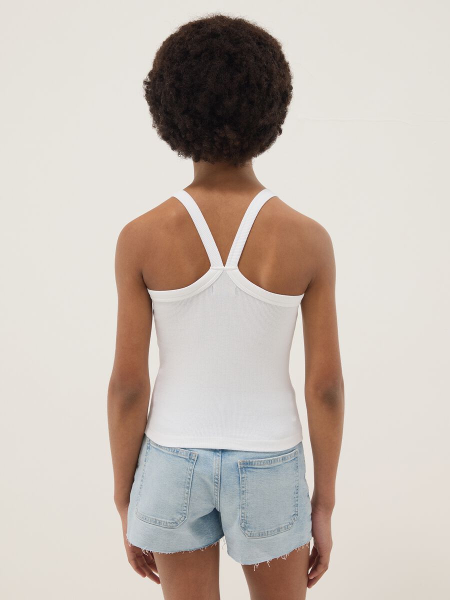 Tank top fitted bianco in cotone elasticizzato a coste da ragazza_1