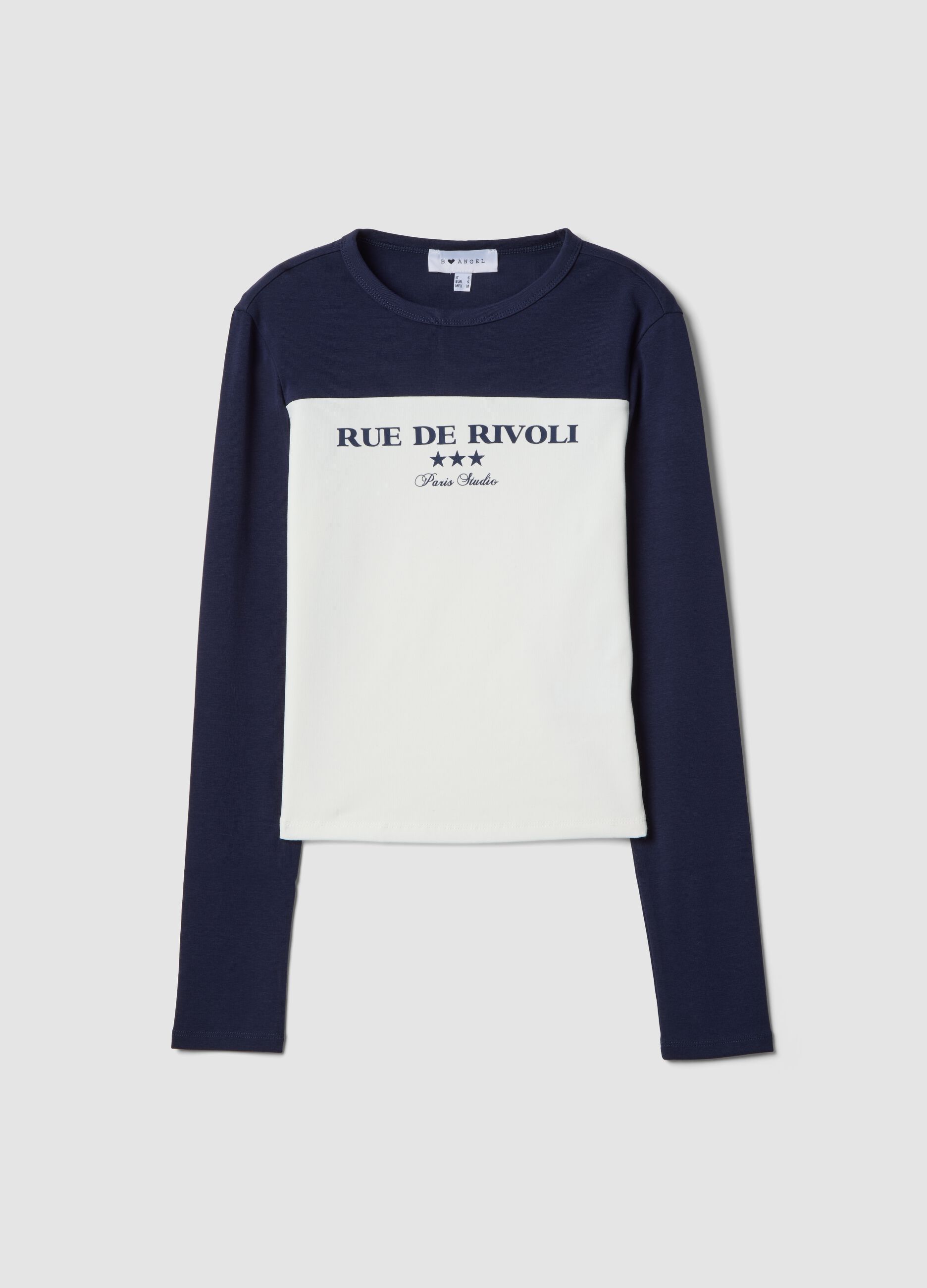 White and blue stretch-cotton T-shirt with front print
