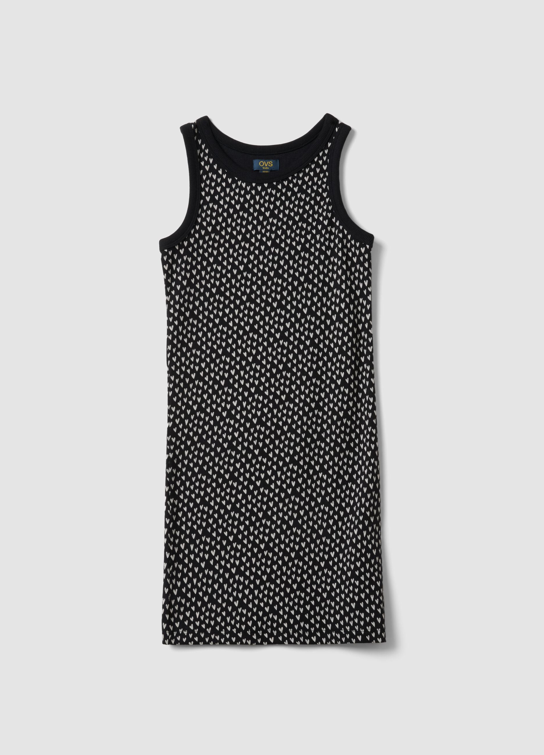 Girls&rsquo; black fitted stretch cotton dress with hearts