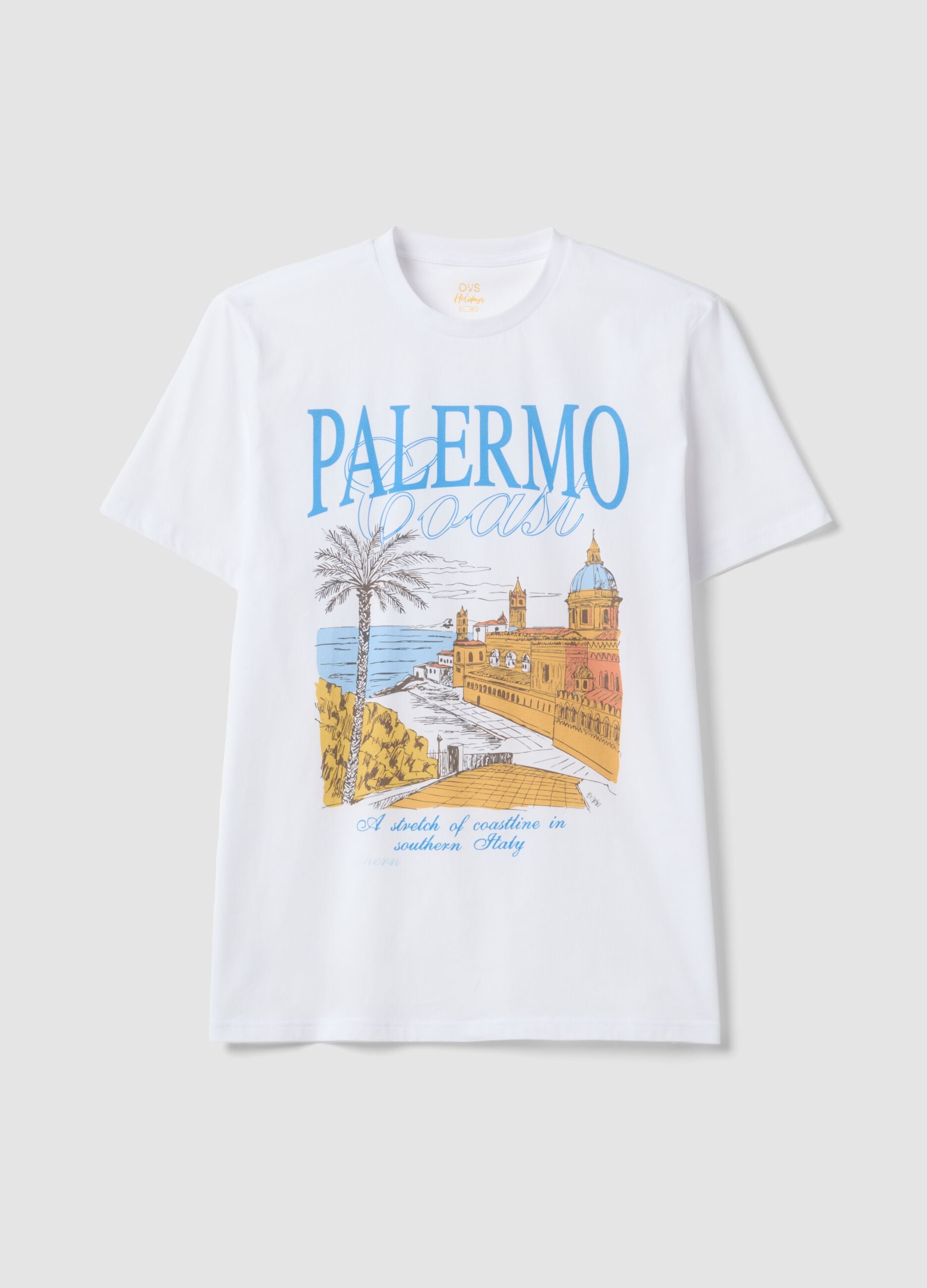 White pure cotton T-shirt with front print, regular fit