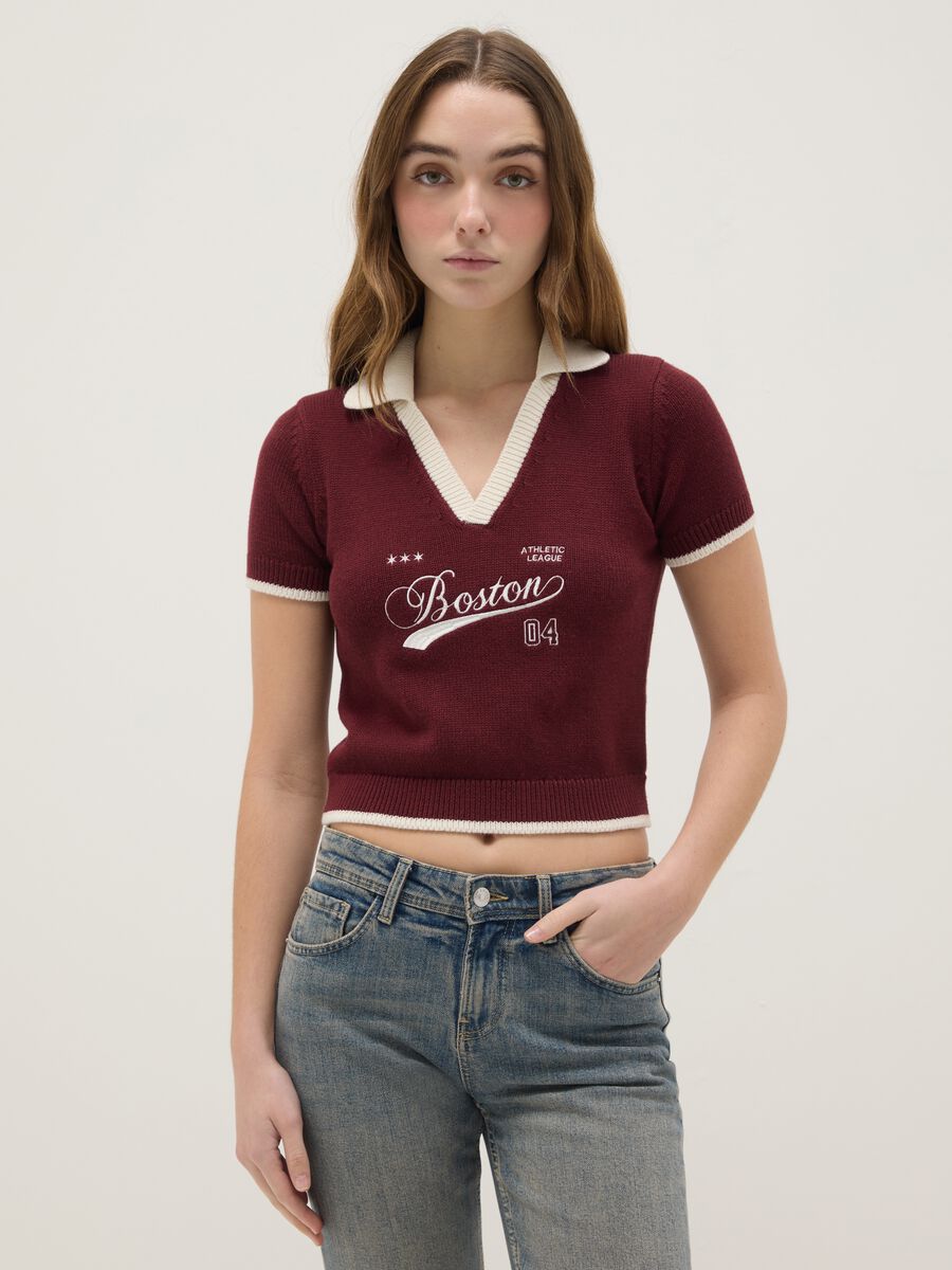 Red cotton blend regular fit polo collar shirt with lettering_0