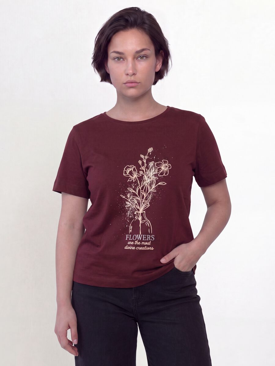 Red pure cotton T-shirt with floral print, regular fit_0