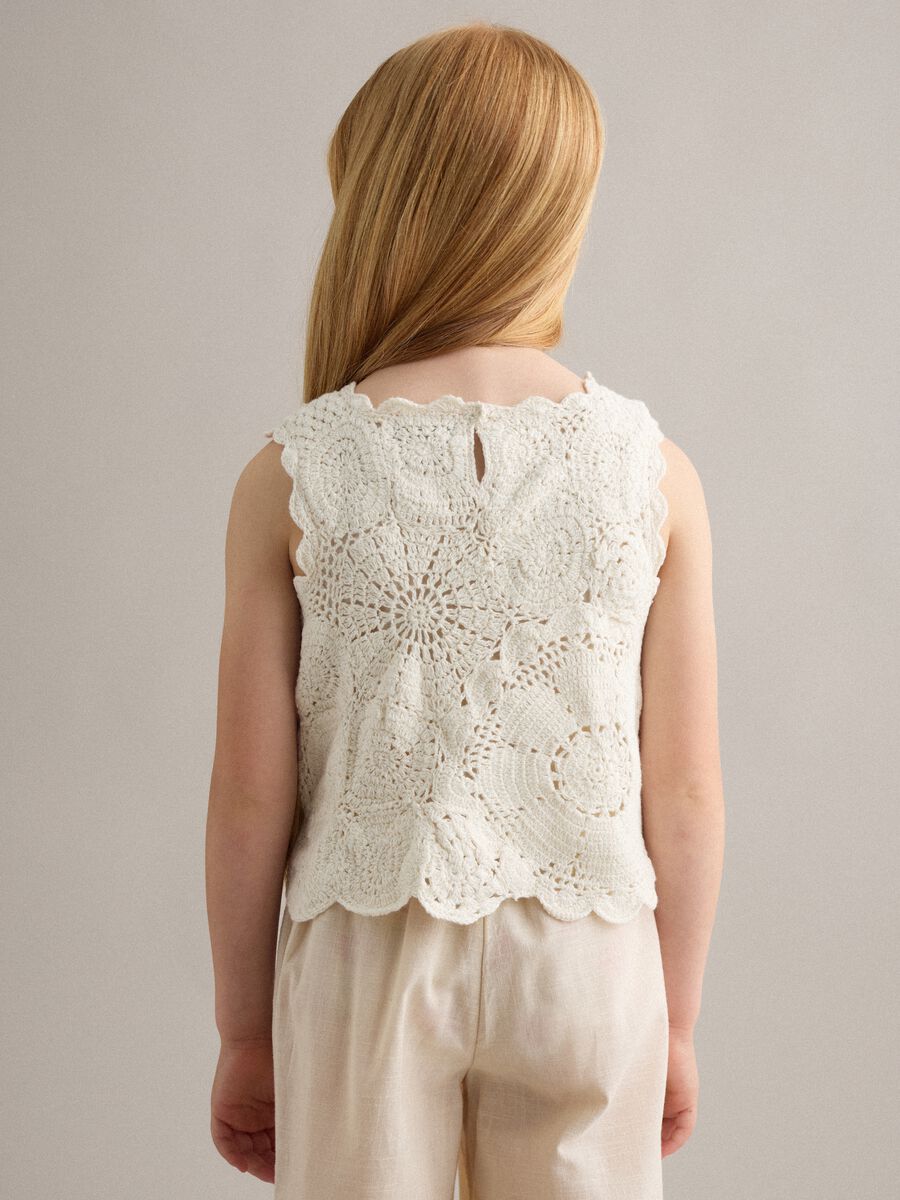 Girls&rsquo; white pure cotton tank top with floral open-knit pattern_1