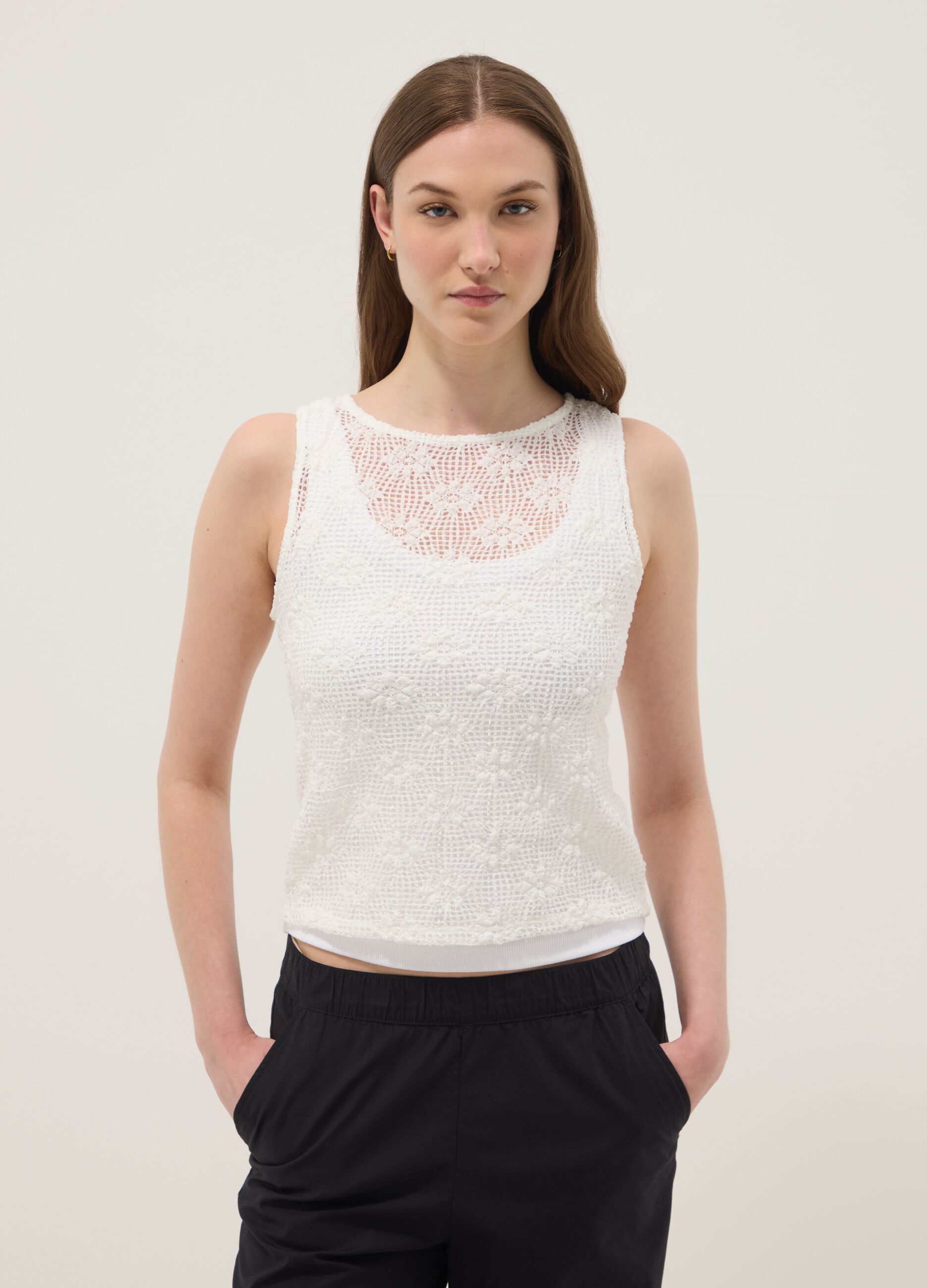 White stretch crochet-knit tank top