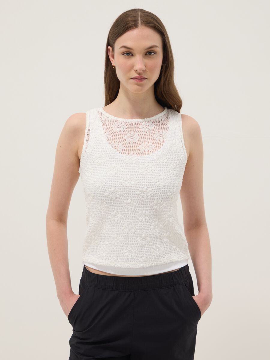 White stretch crochet-knit tank top_0