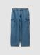 Blue pure cotton wide-leg cargo jeans_0