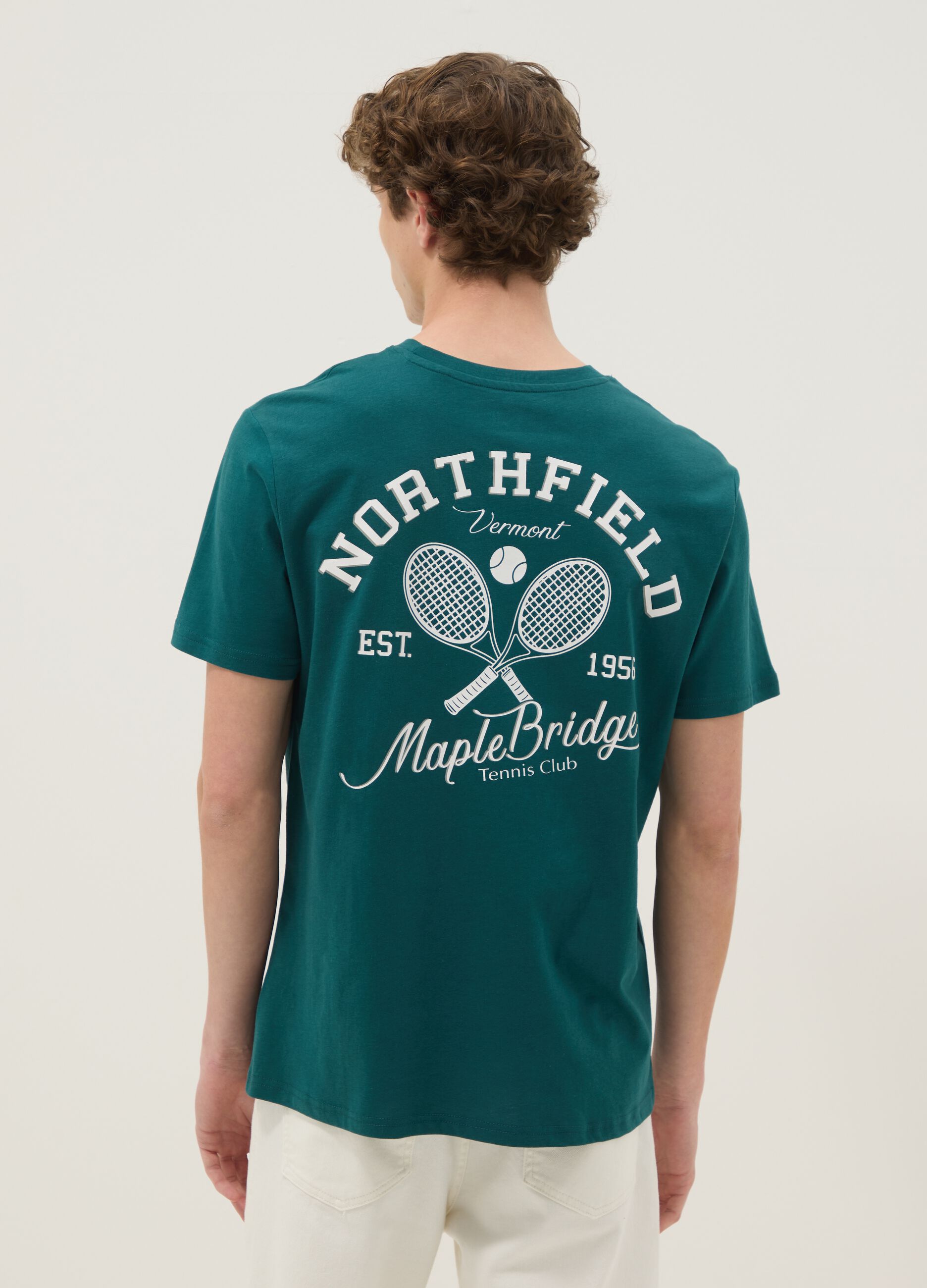 Green pure cotton T-shirt with slogan and back print, regular fit