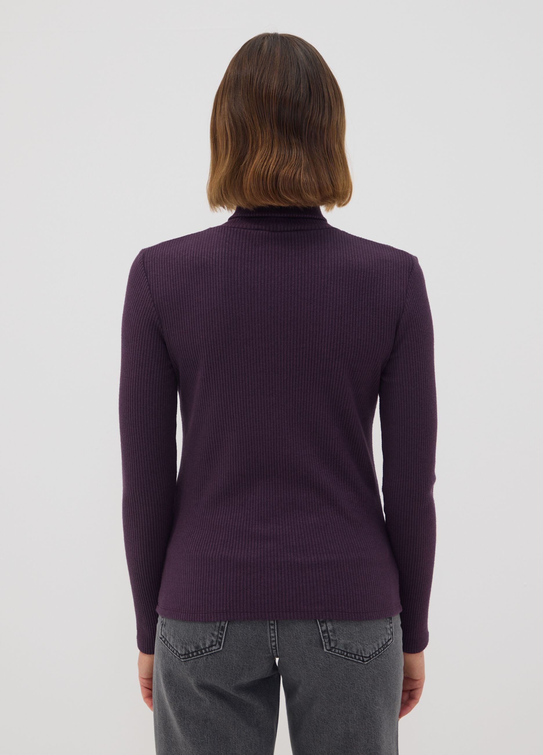 Purple ribbed viscose-blend crew-neck top