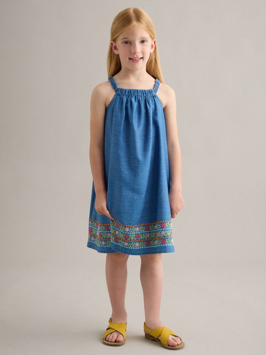 Blue pure lyocell dress with straps and hem embroidery_0
