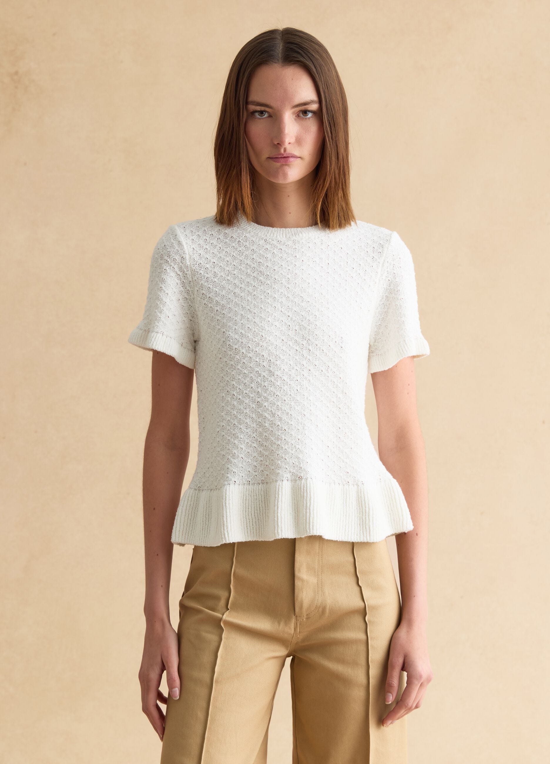 Slim Fit White Cotton Blend Crew Neck Sweater