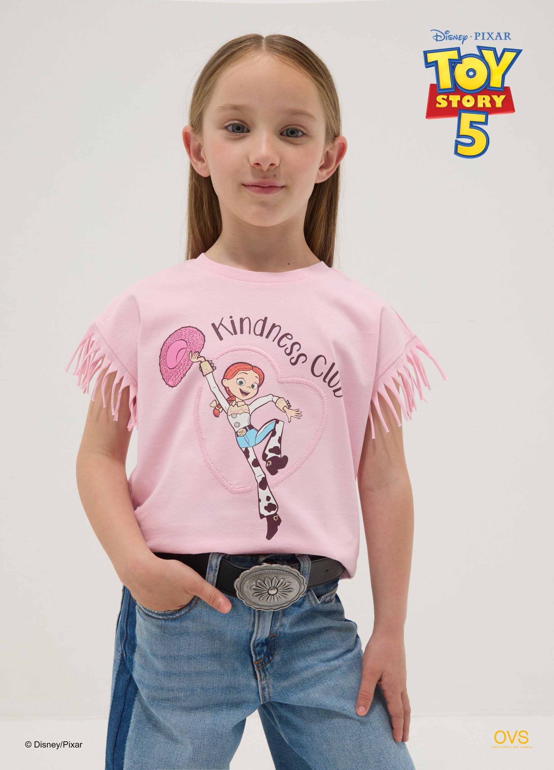 Pink pure cotton T-shirt with fringed sleeves and Toy Story print