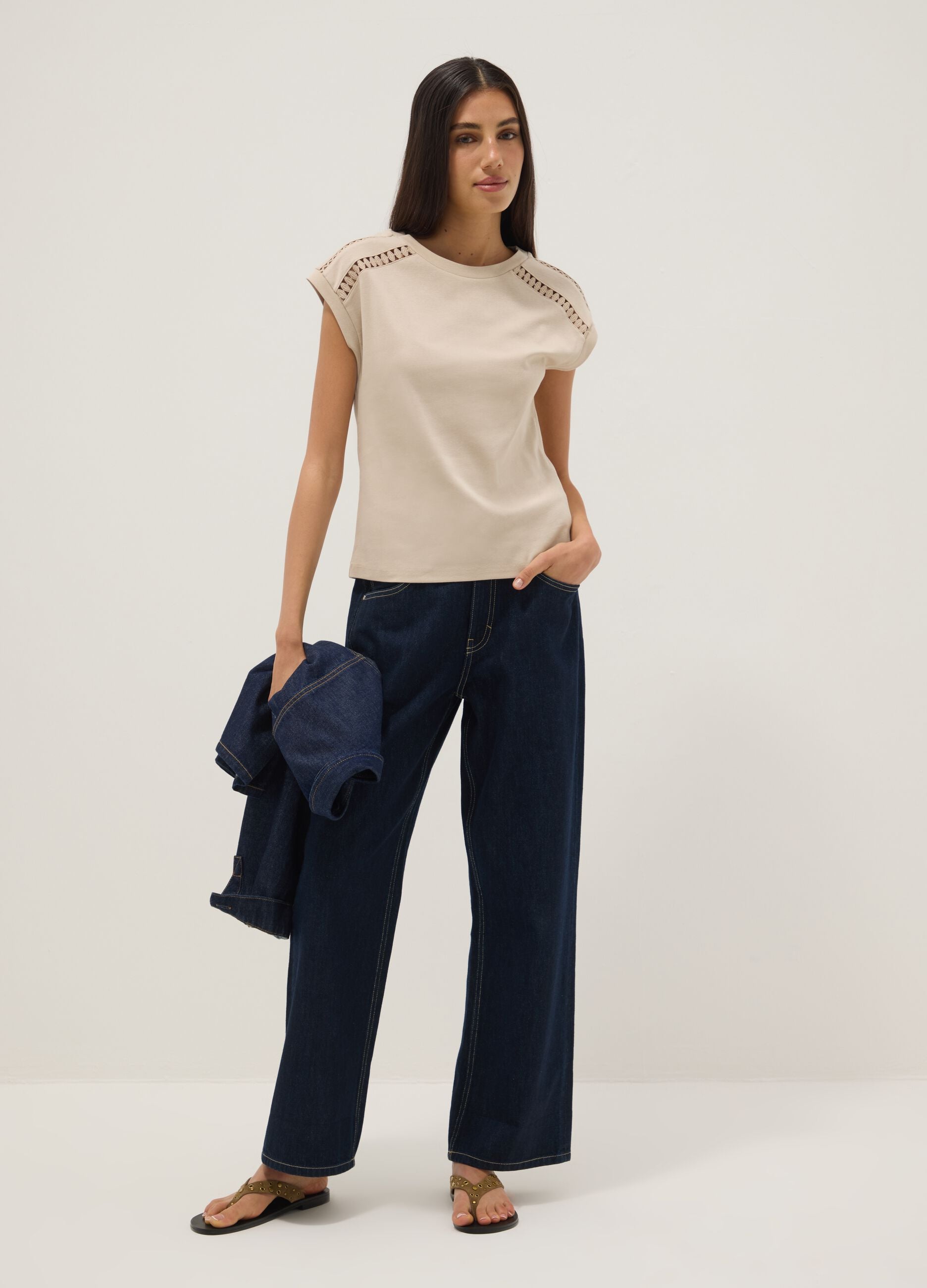 Beige pure cotton T-shirt with openwork inserts