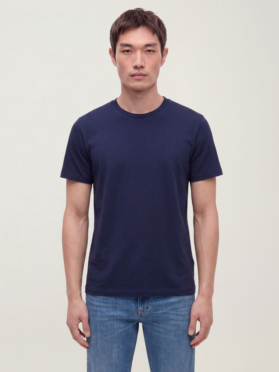 Blue crew-neck T-shirt in pure mercerised cotton, regular fit_0