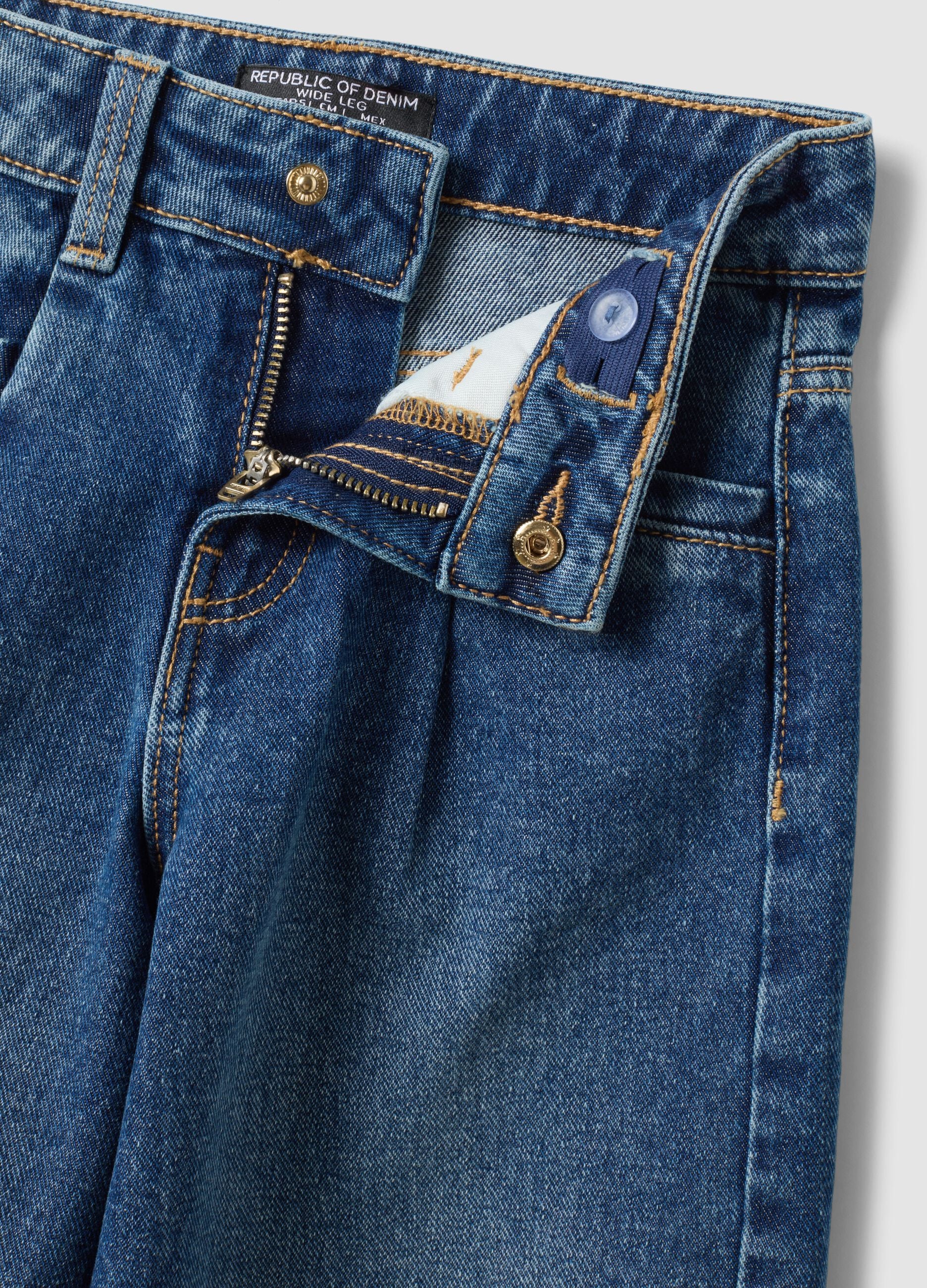 Blue wide-leg pure cotton jeans with patches for girls