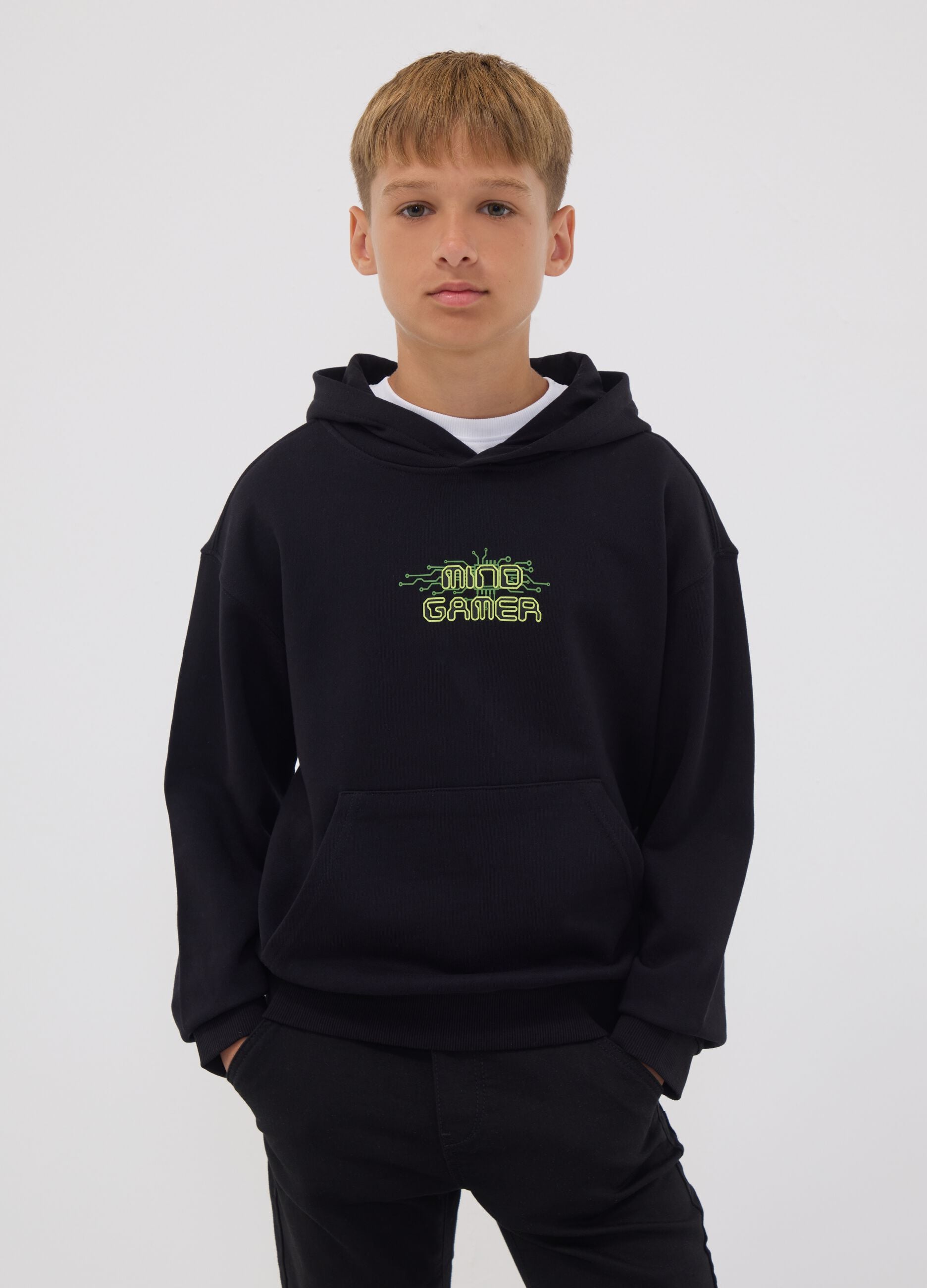 Black oversized pure cotton gaming hoodie for boys