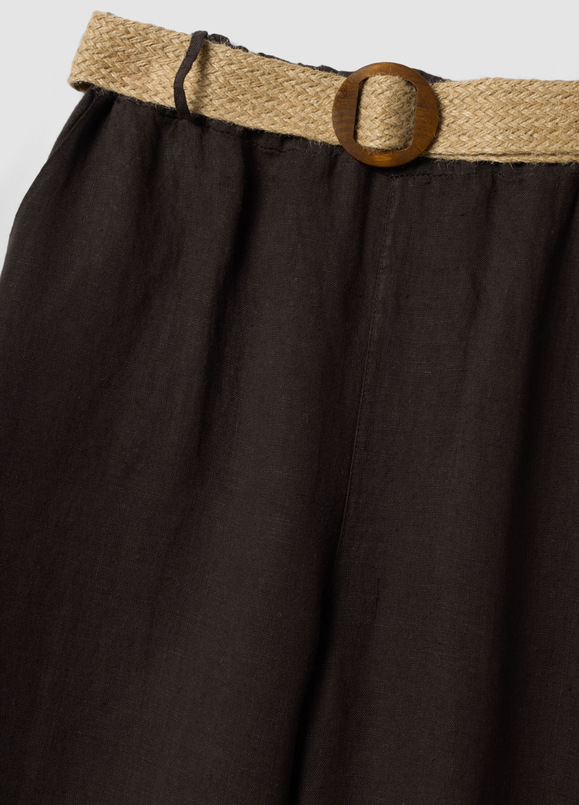 Brown pure linen wide-leg trousers with elasticated waist