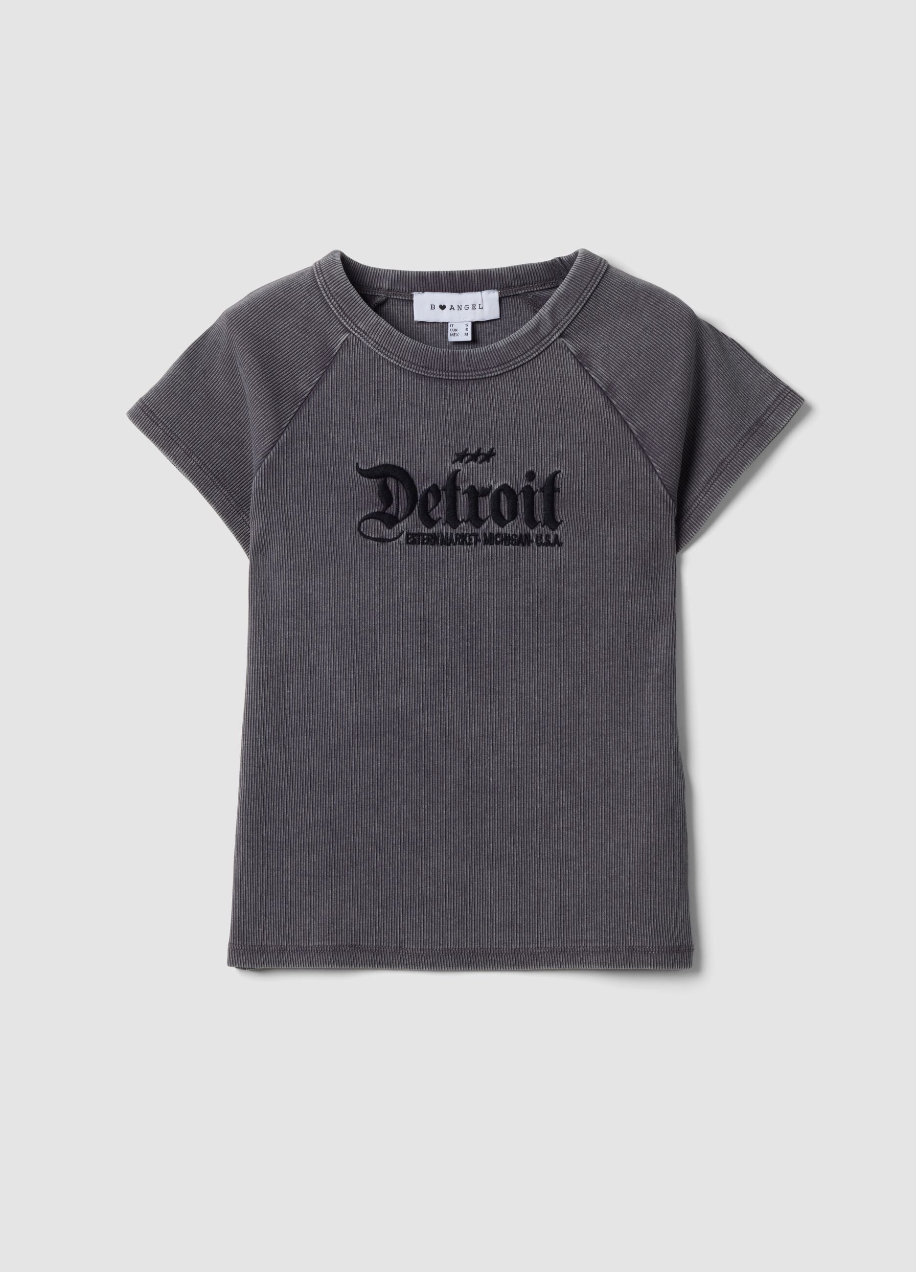 Grey fitted ribbed stretch cotton T-shirt with Detroit lettering