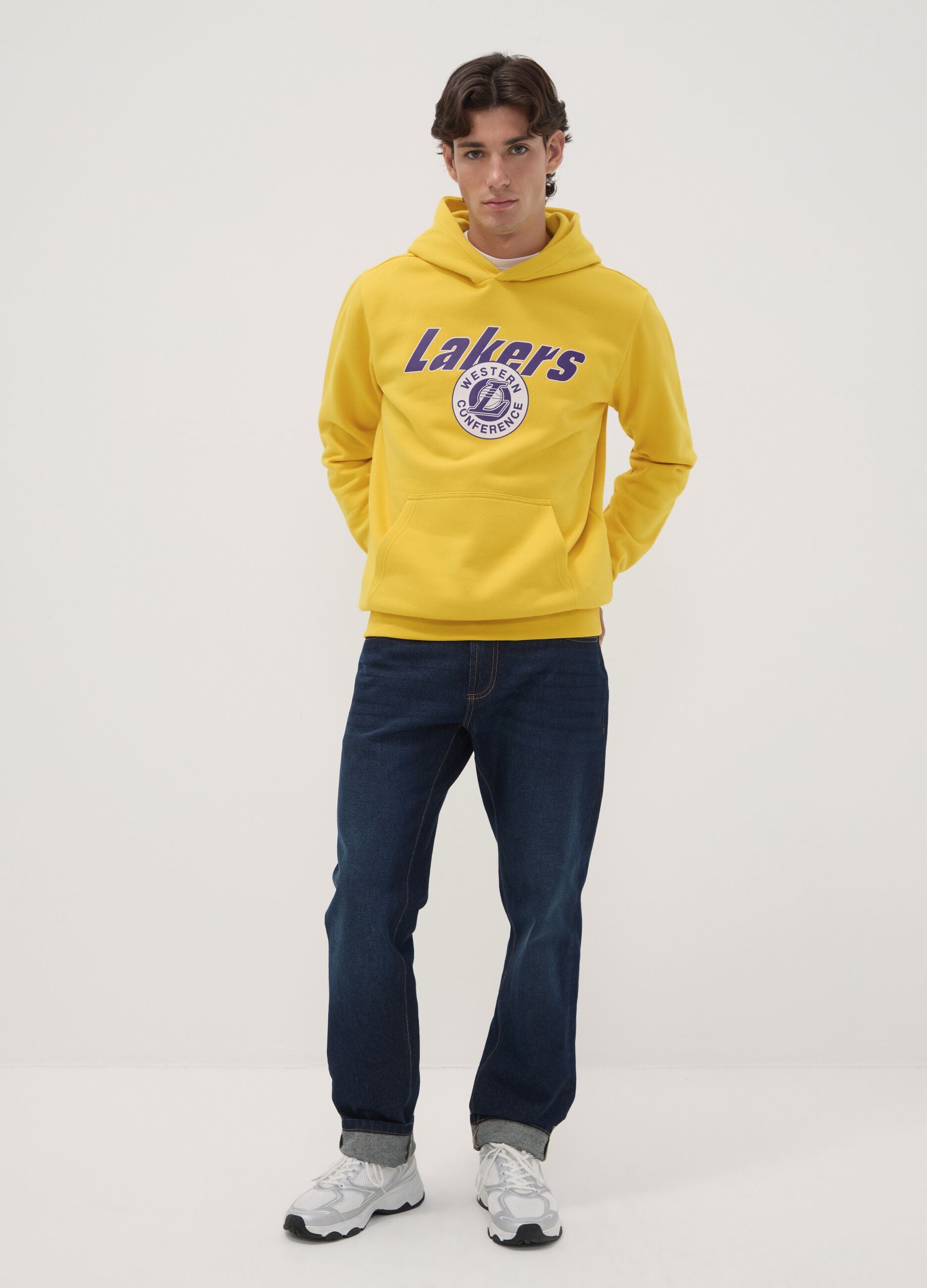Yellow cotton-blend hoodie with Lakers print