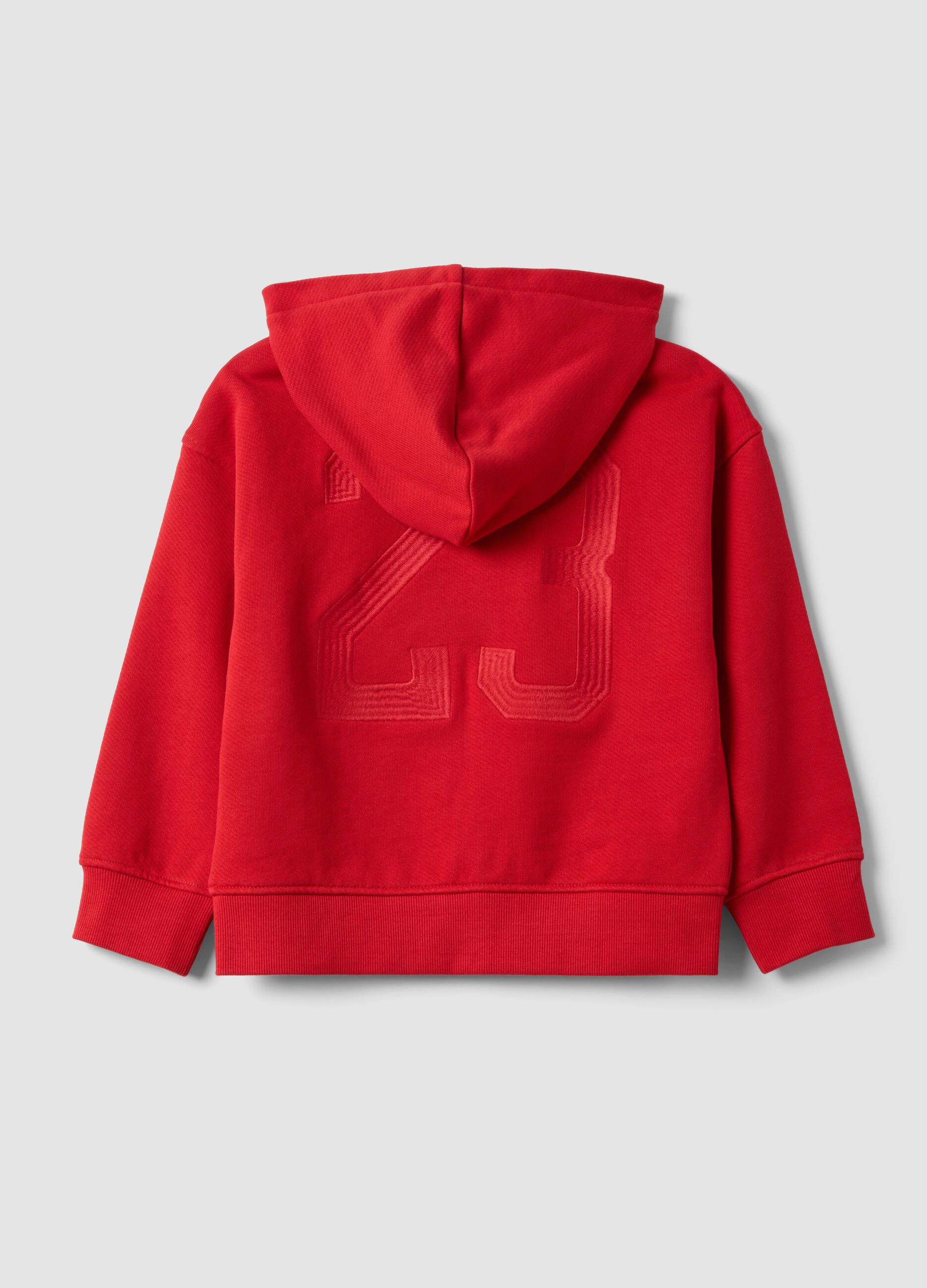 Red organic cotton hoodie with embroidered details, oversized fit, for boys