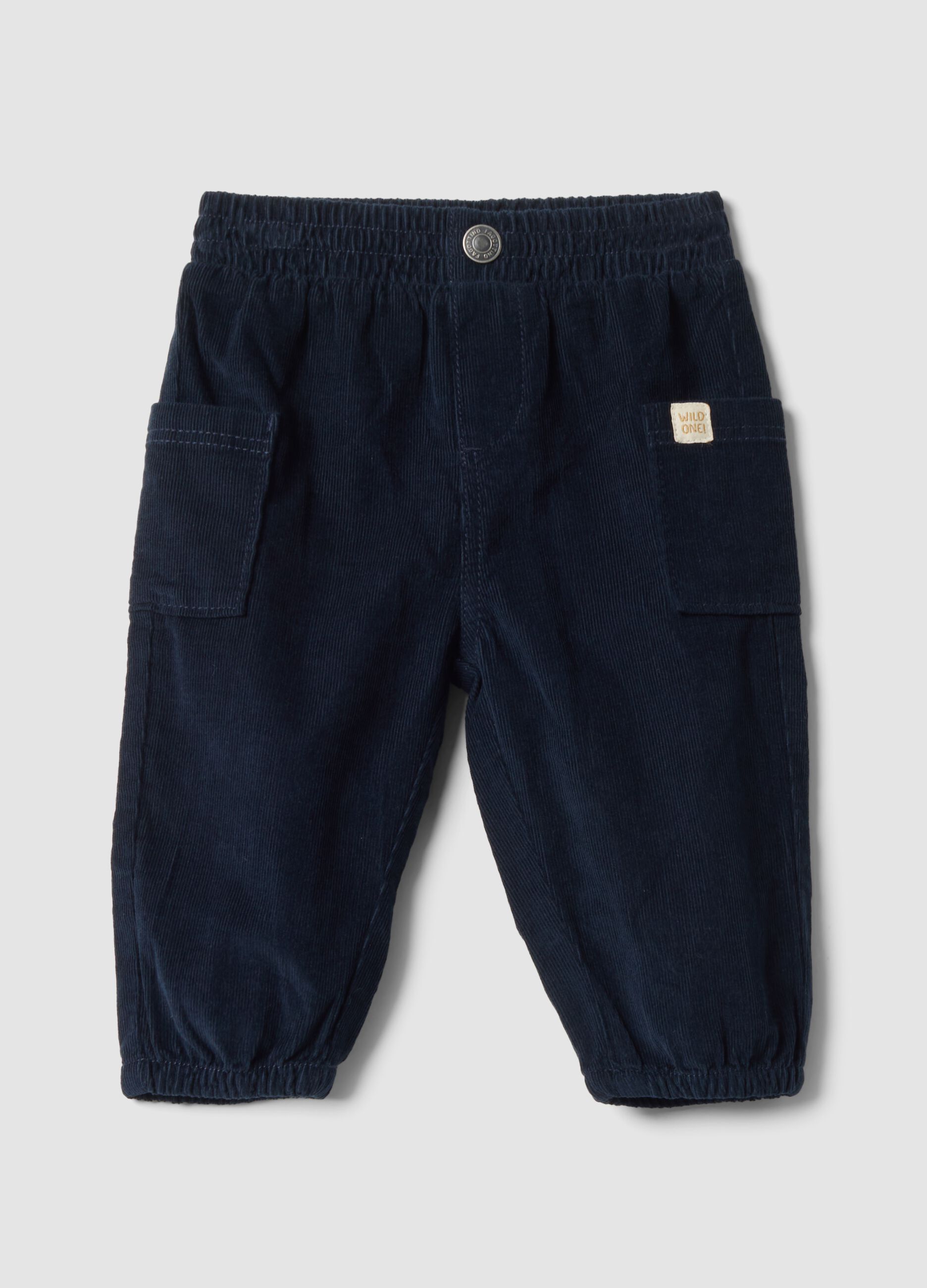 Blue pure cotton cord cargo trousers with elasticated waistband