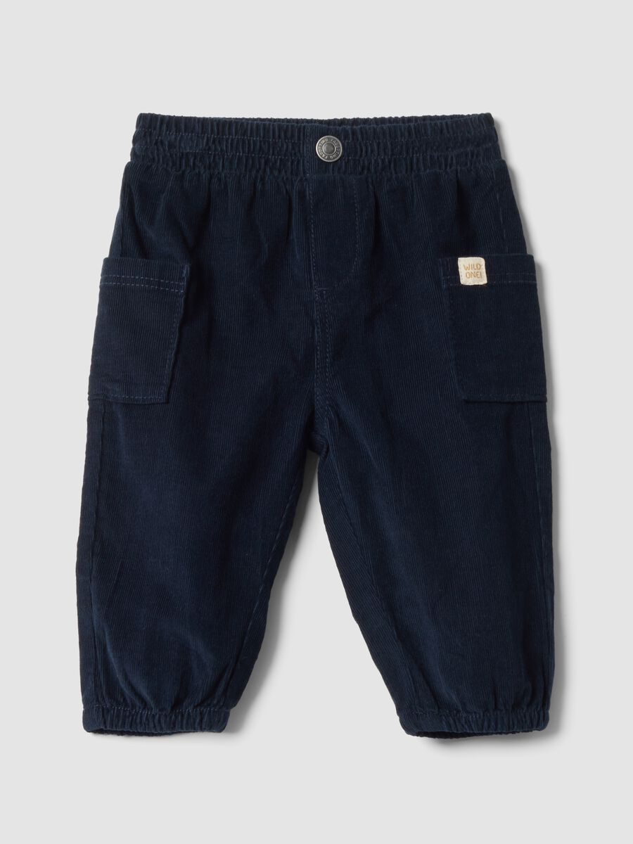 Blue pure cotton cord cargo trousers with elasticated waistband_0