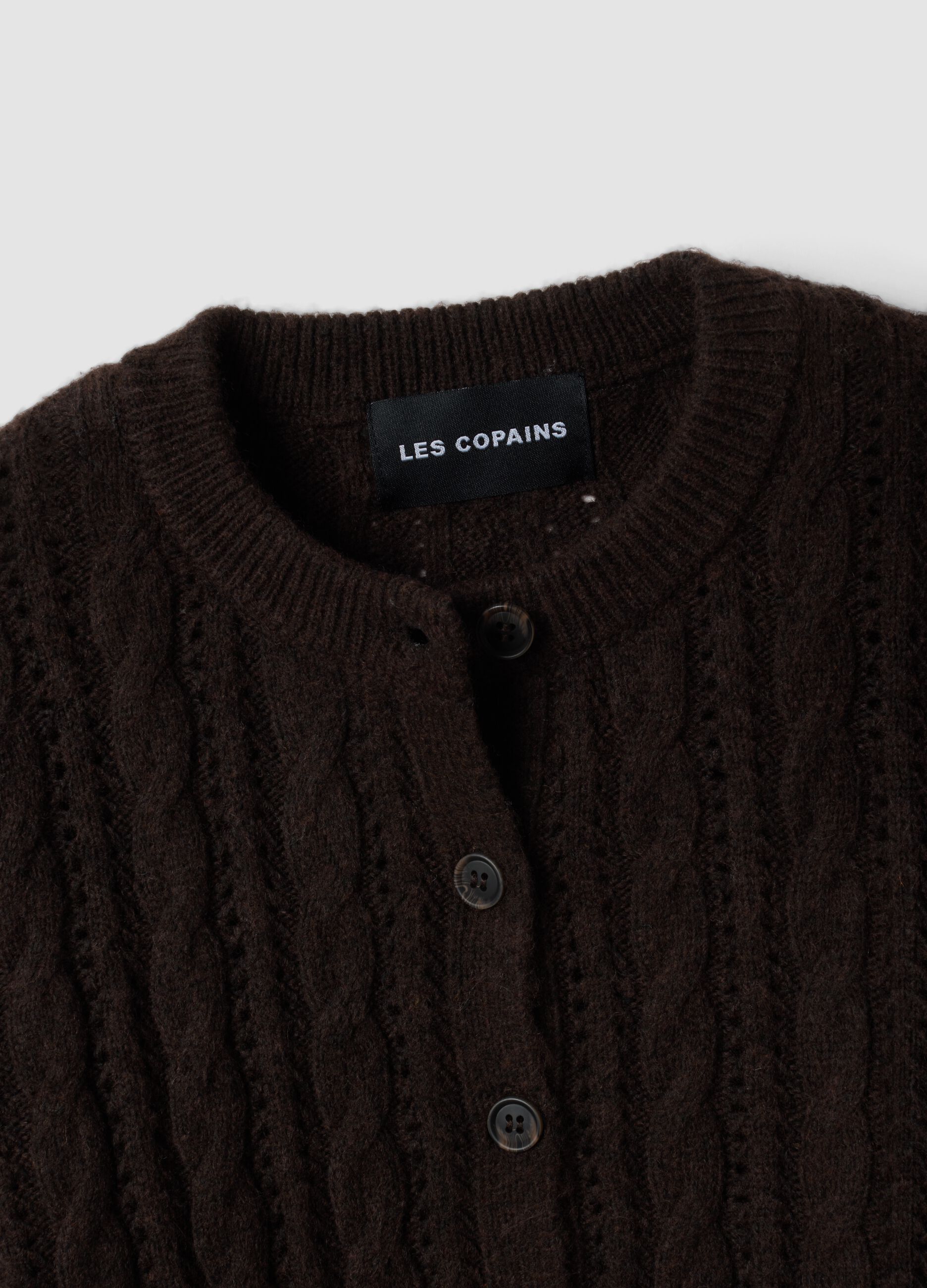 Brown cable-knit wool-blend cardigan
