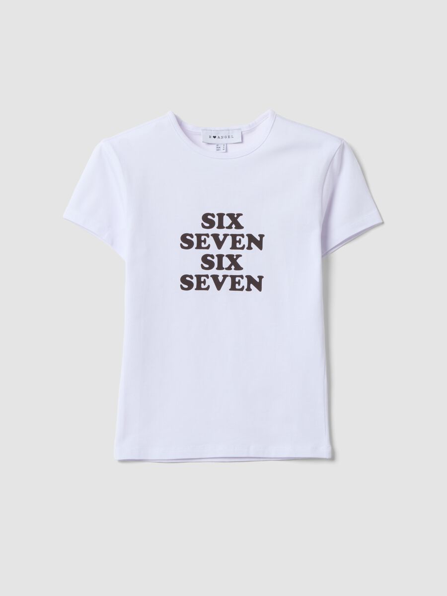 White fitted pure cotton T-shirt with Six Seven front print_4