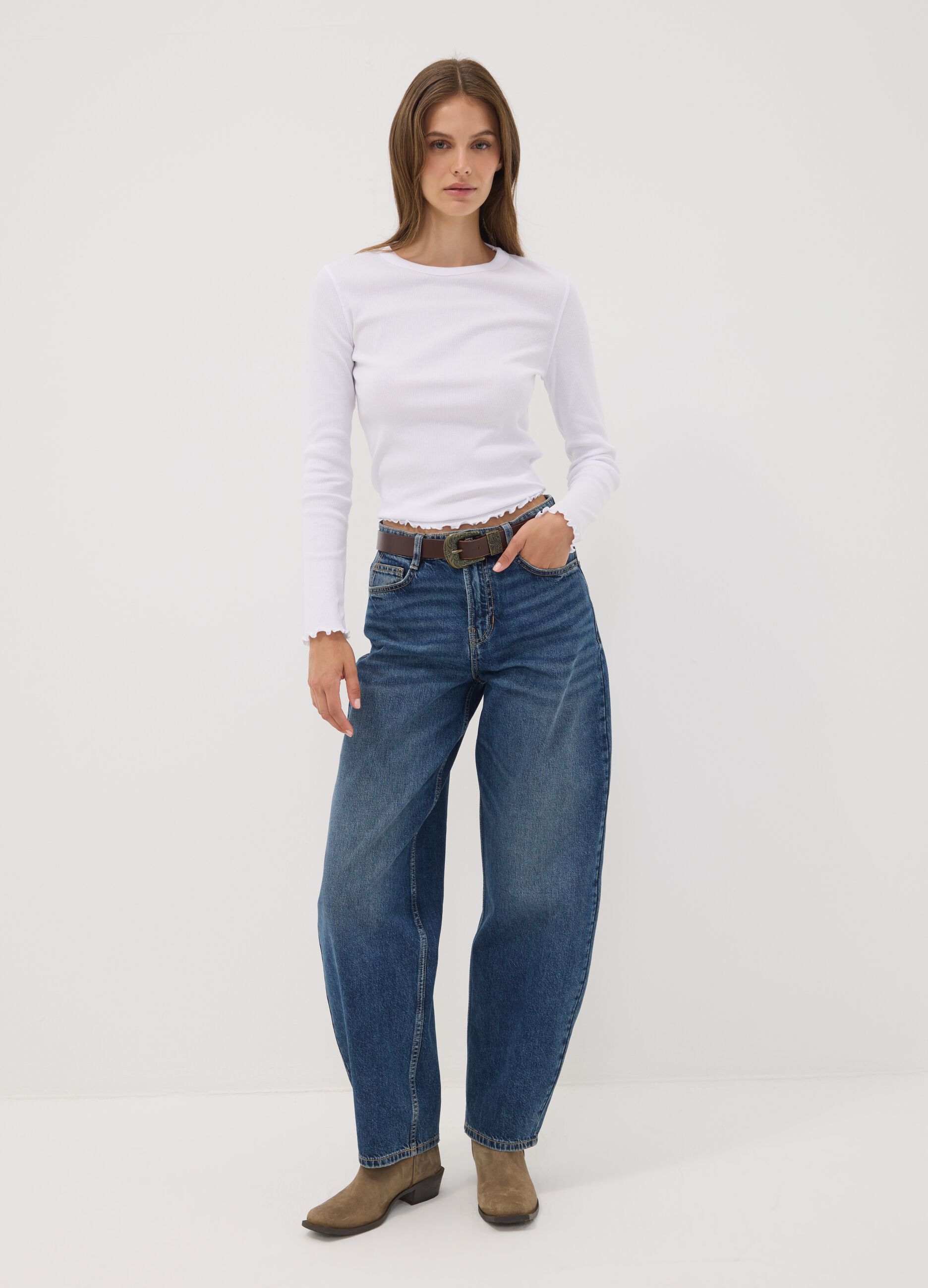 Dark blue pure cotton denim barrel-fit jeans