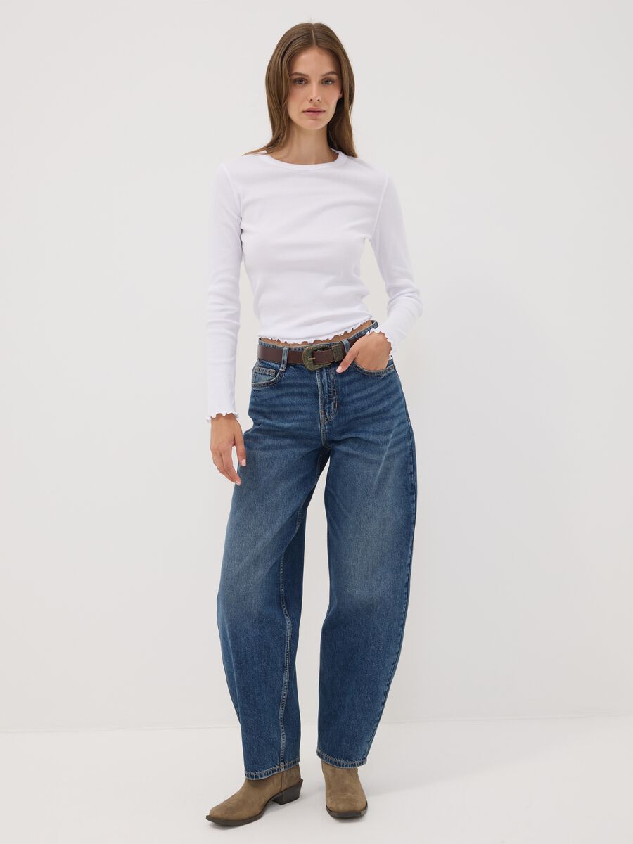 Dark blue pure cotton denim barrel-fit jeans_0