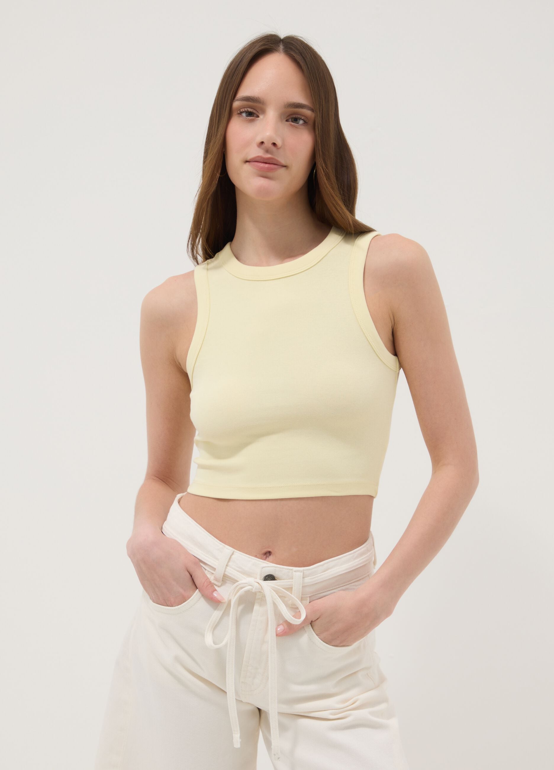 Yellow cropped stretch cotton tank top