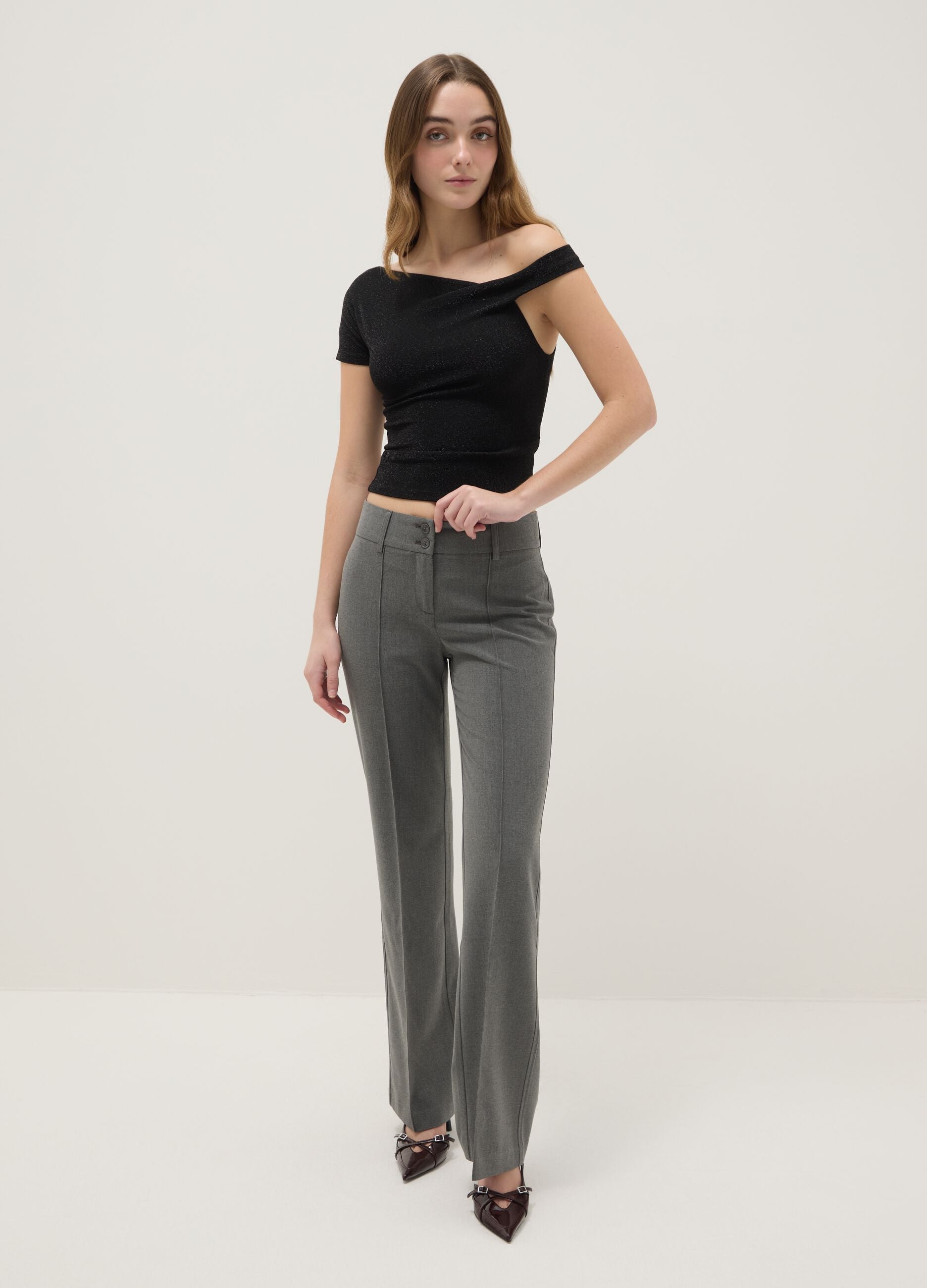 Black viscose blend slim fit T-shirt with Madonna neckline