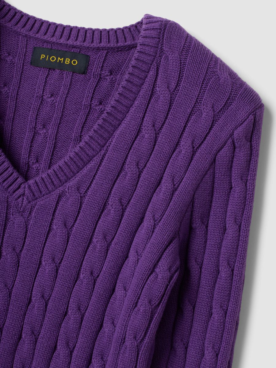 Purple pure cotton cable-knit jumper with deep V-neck_5
