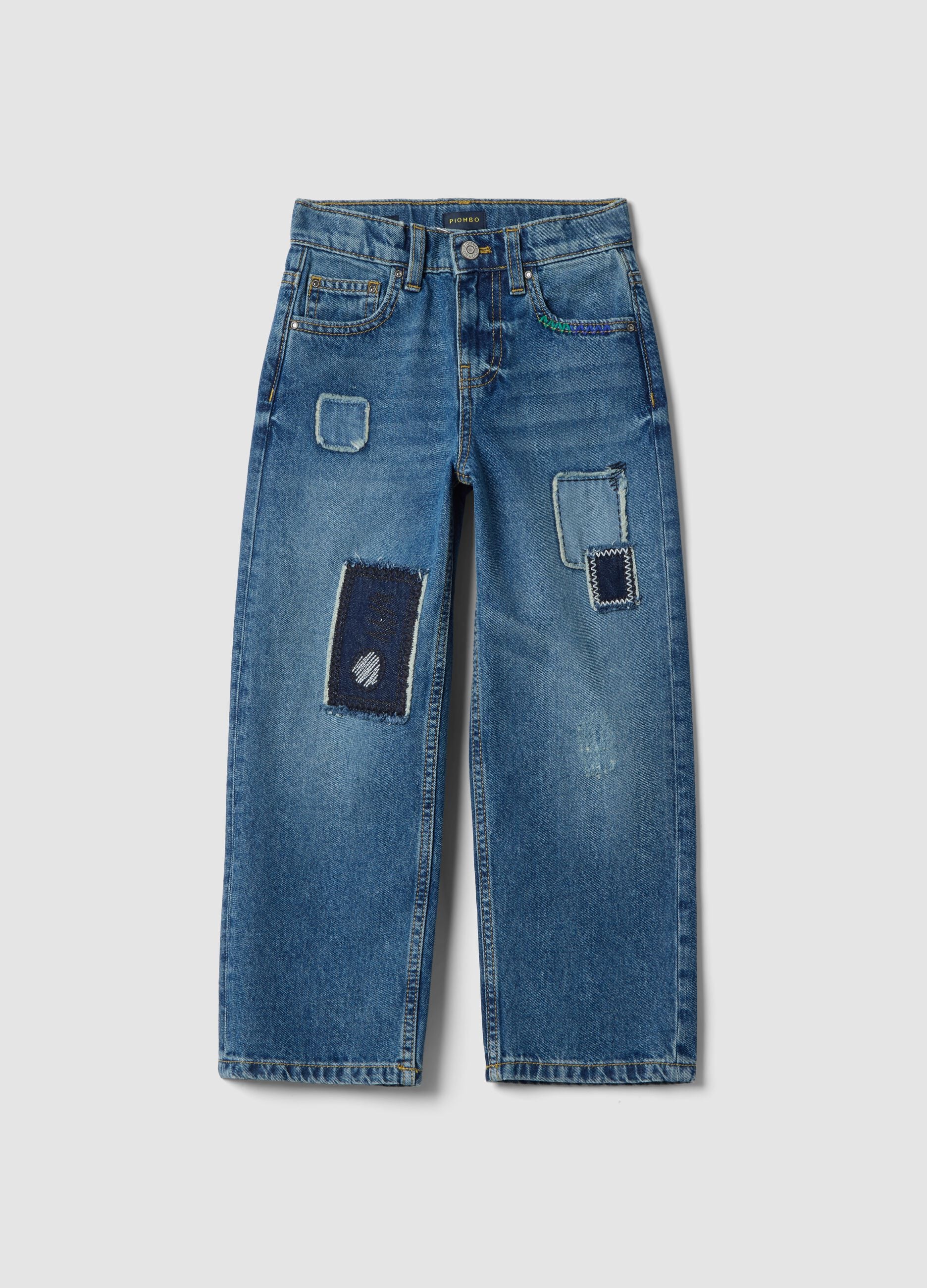 Blue pure cotton denim jeans, straight fit with patches for boys