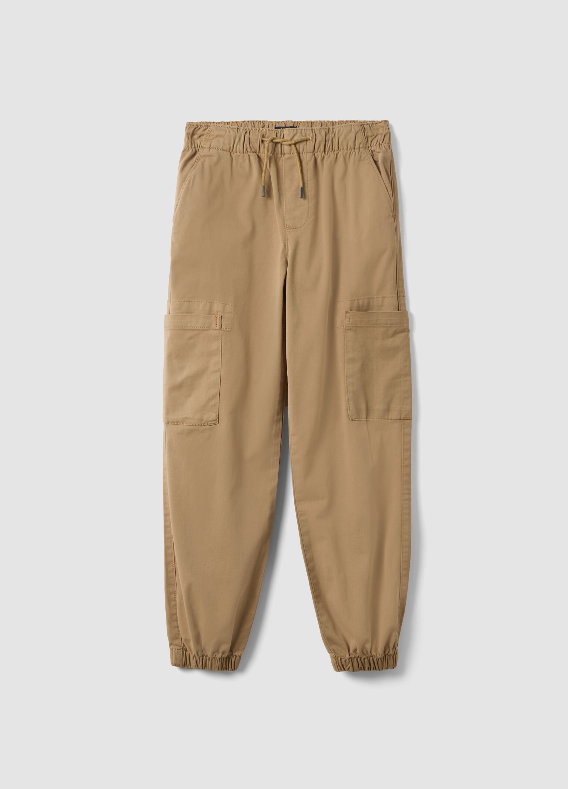 Brown stretch cotton cargo joggers