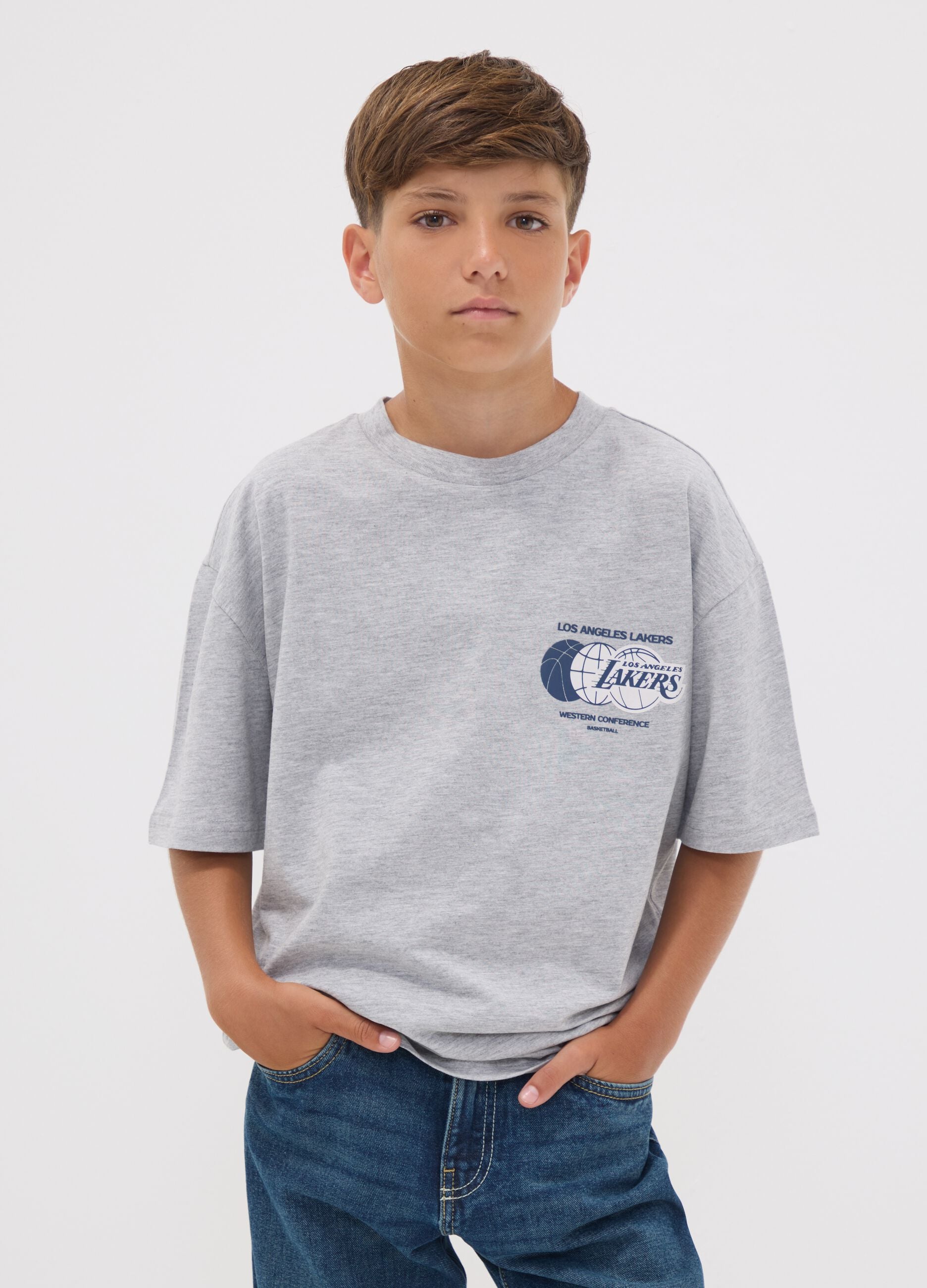 Grey pure cotton Lakers print T-shirt for boys