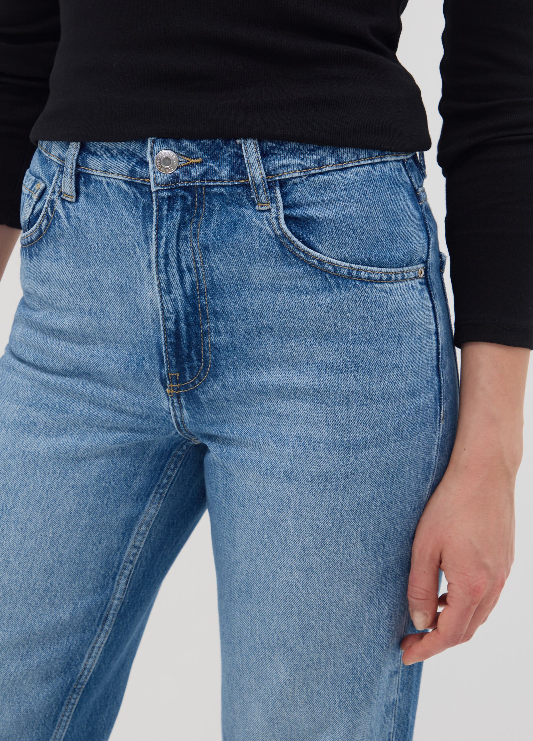 Light blue pure cotton high-waisted wide-leg denim jeans