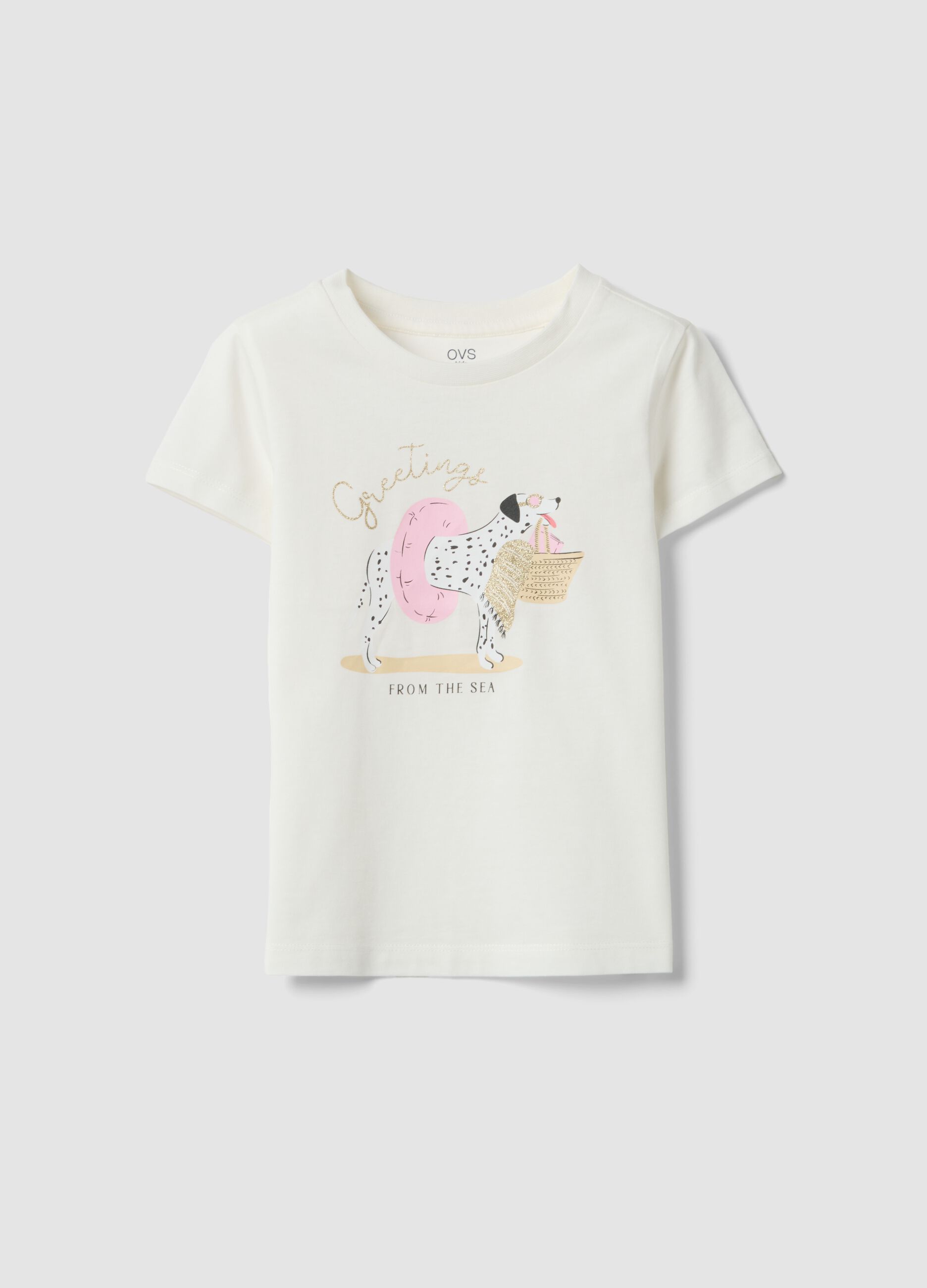 White girls&rsquo; T-shirt in pure organic cotton with print and glitter