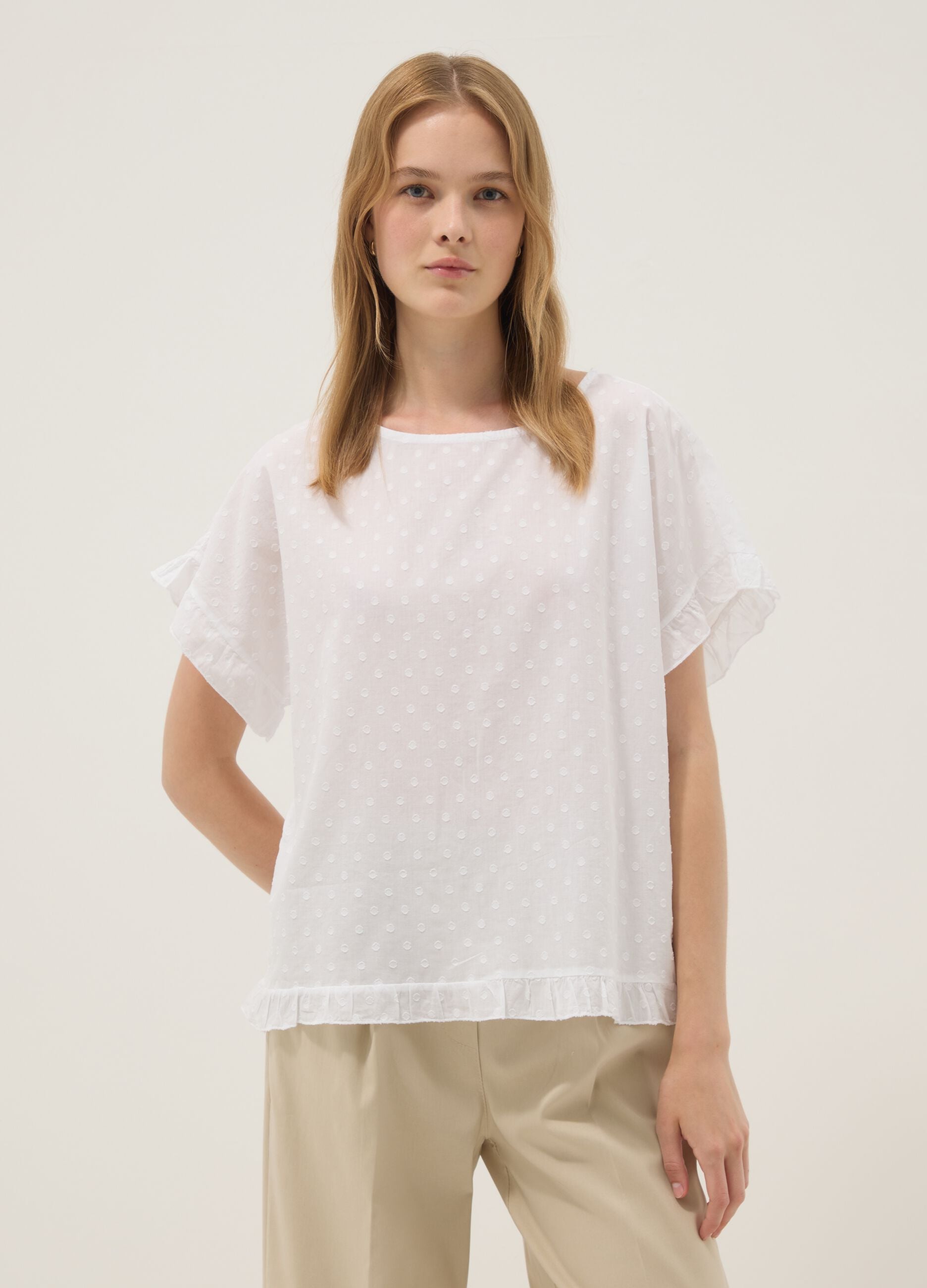 White pure-cotton blouse with ruffle trim