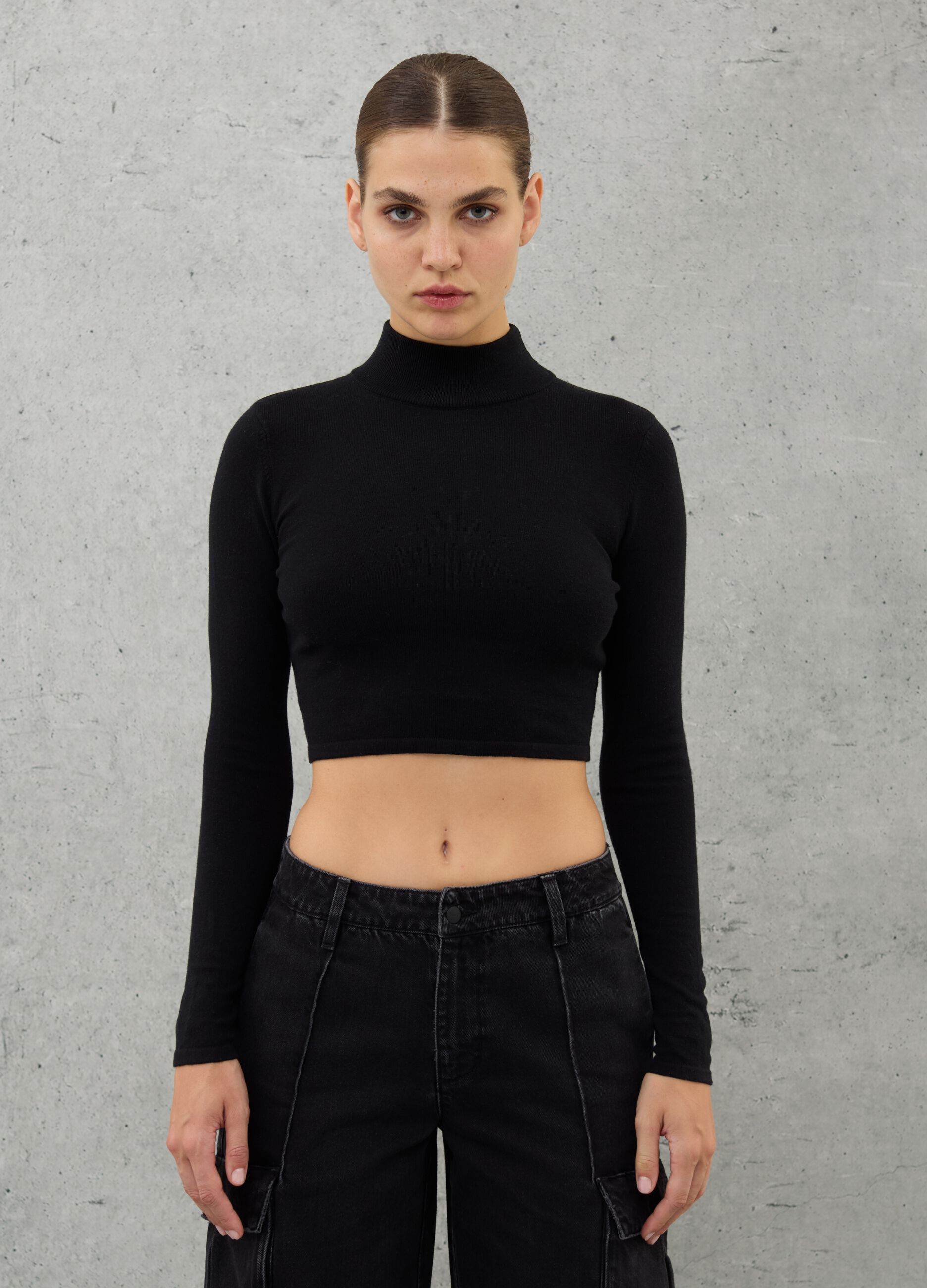 High Neck Knit Top Black