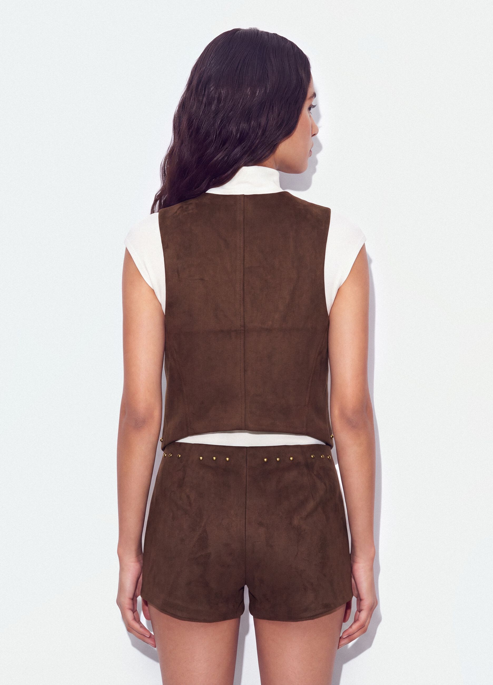 Brown stretch fabric gilet with studs, regular fit