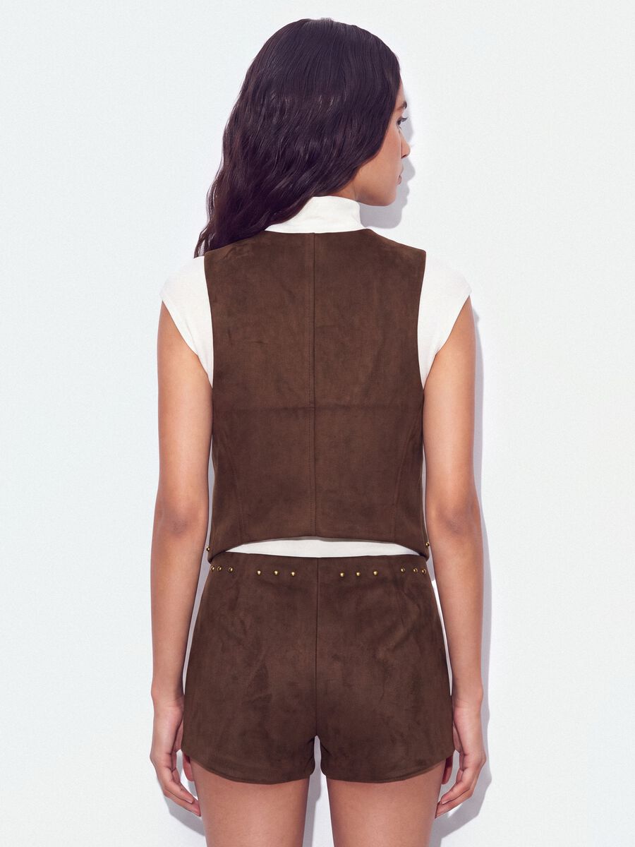 Brown stretch fabric gilet with studs, regular fit_3