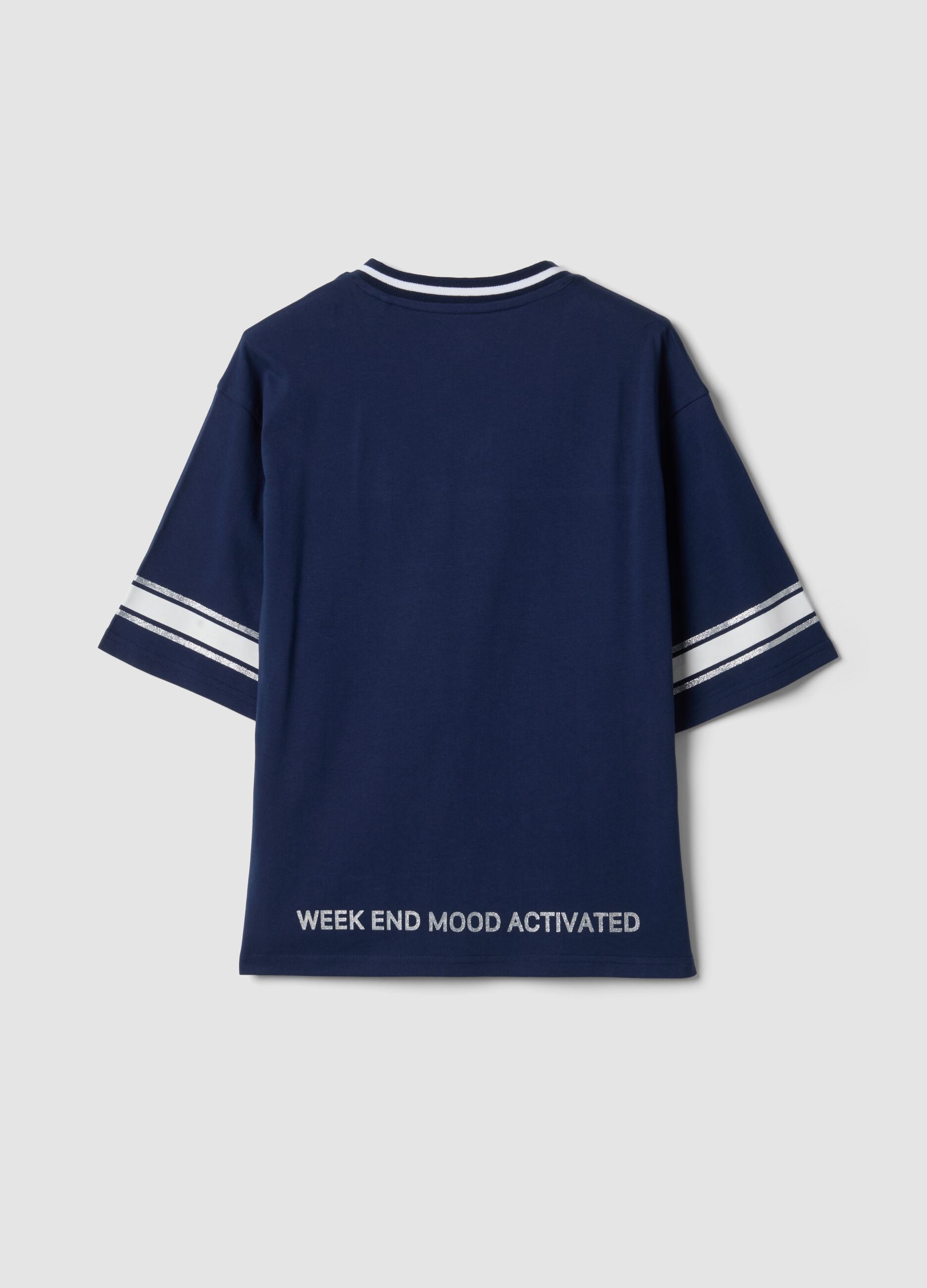 Blue pure cotton T-shirt with deep V-neck