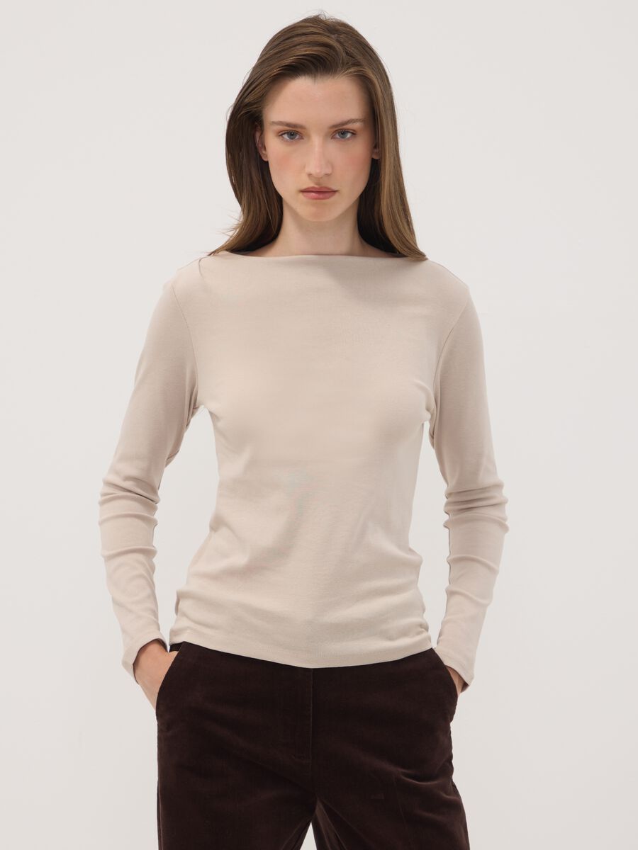 Beige pure cotton crew-neck T-shirt_0